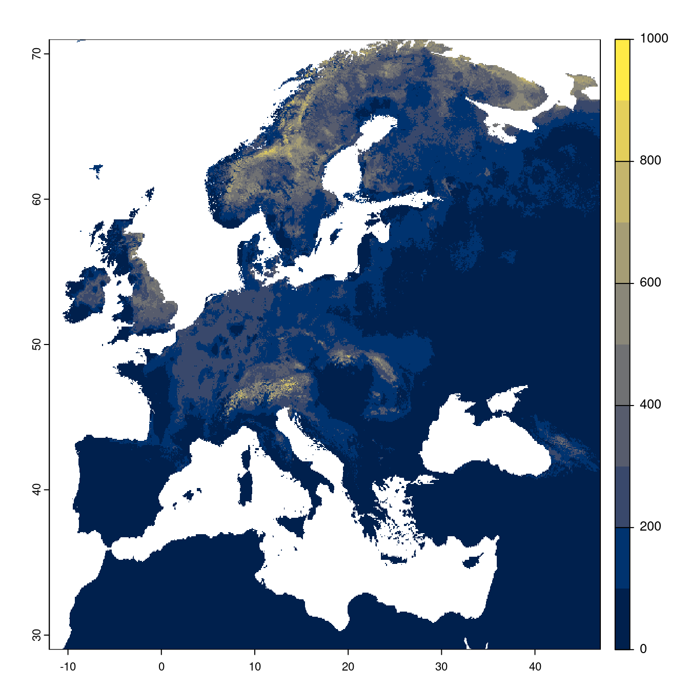 Projection des distributions potentielles futures jusqu'à l'horizon 2100 sous le scénario SSP3-7.0 (modèle d'ensemble).