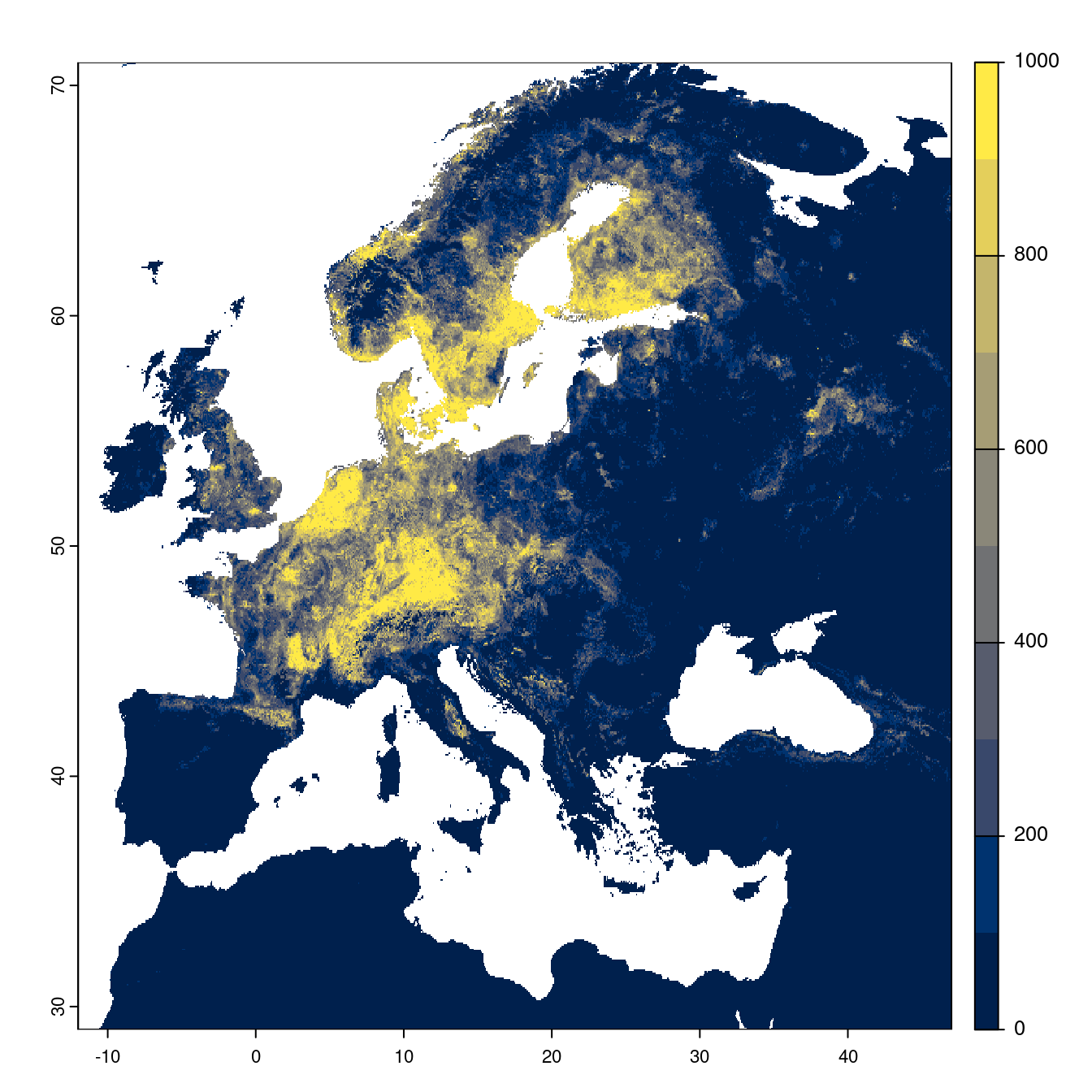 Projection des distributions potentielles futures jusqu'à l'horizon 2100 sous le scénario SSP5-8.5 (modèle d'ensemble).