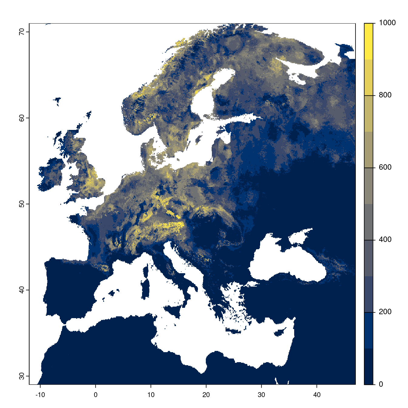 Projection des distributions potentielles futures jusqu'à l'horizon 2100 sous le scénario SSP5-8.5 (modèle d'ensemble).