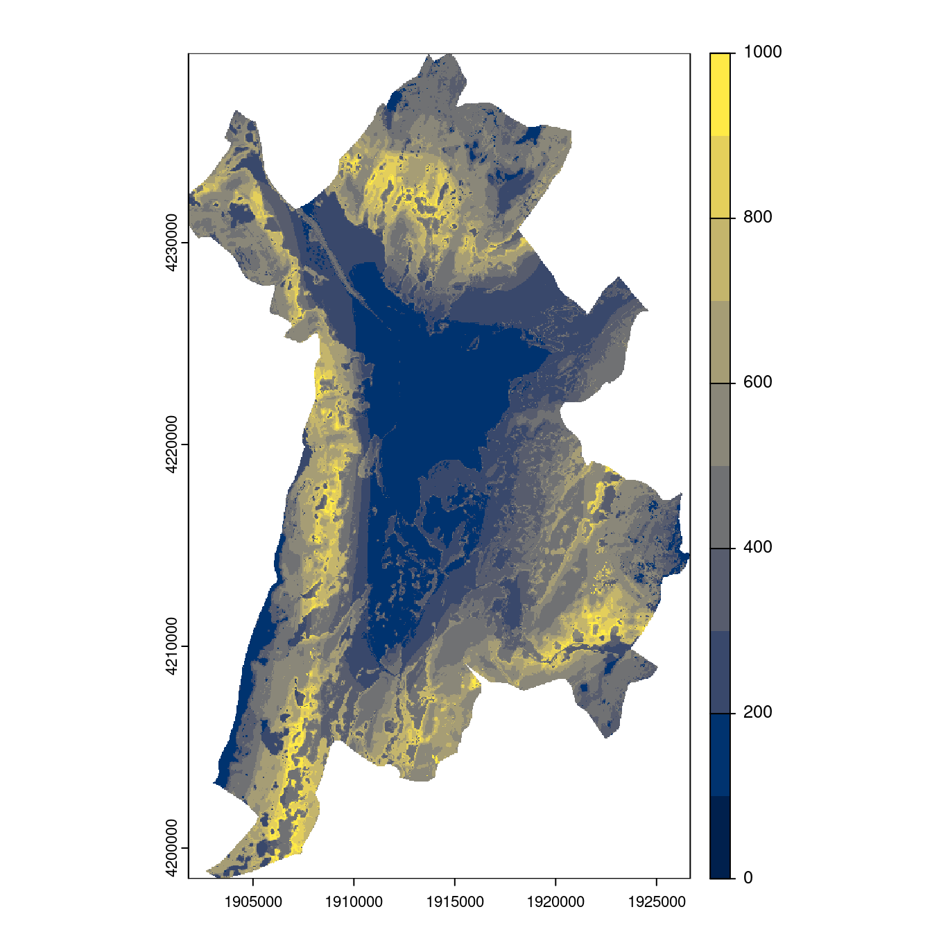 Projection des distributions potentielles contemporaine et futures jusqu'à l'horizon 2100 sous le scénario SSP5-8.5 (modèle d'ensemble, GCM IPSL).