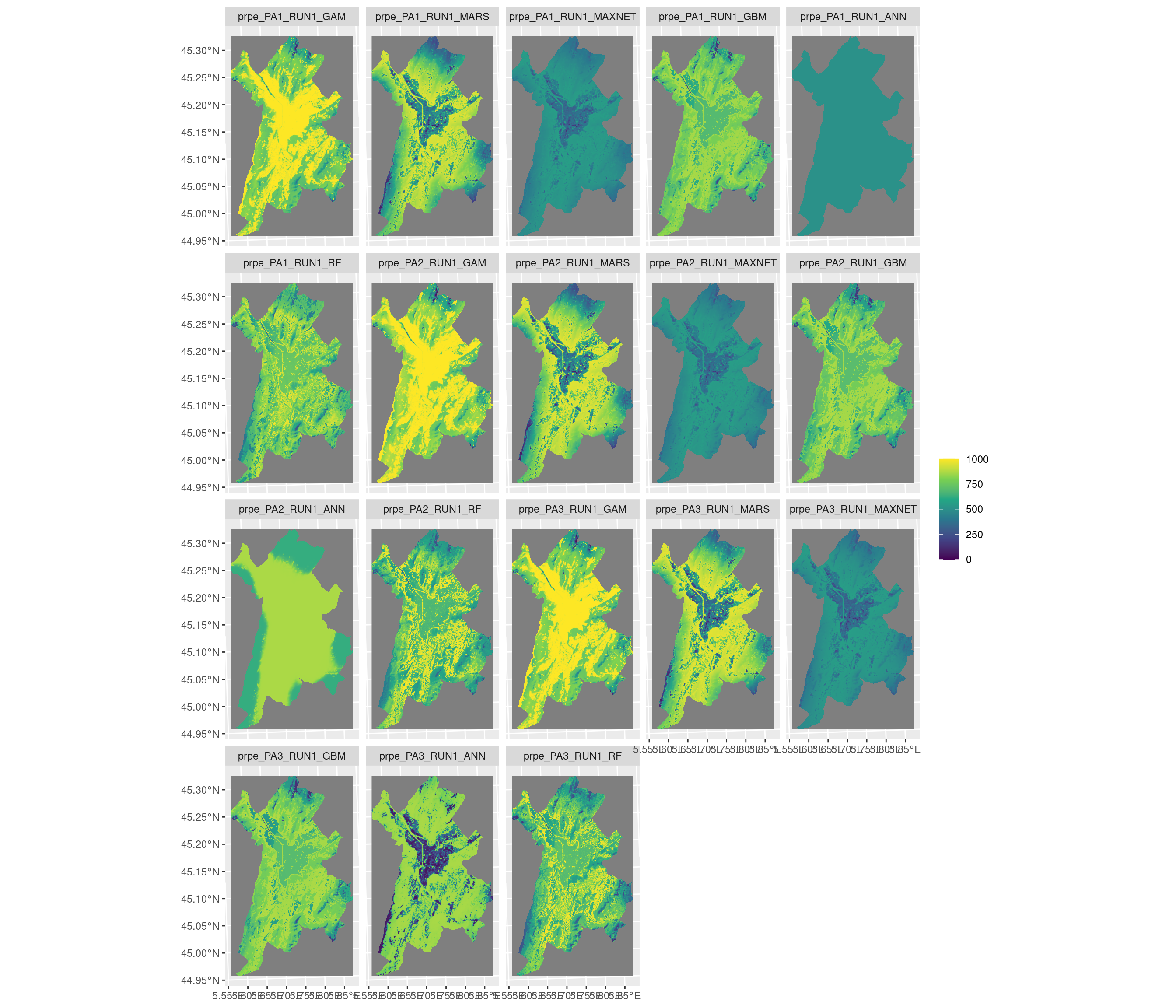 Projection de la distribution potentielle contemporaine sur la métropole de Grenoble, selon les 6 algorithmes et les 3 runs.