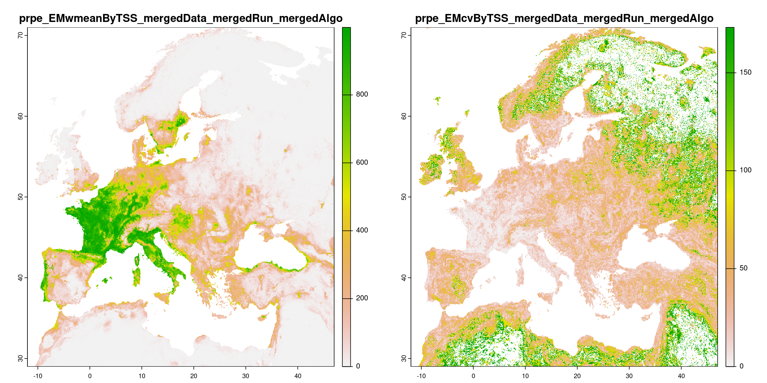A) Projection de la distribution potentielle contemporaine (modèle d'ensemble) ; B) Incertitude associée à la projection.
