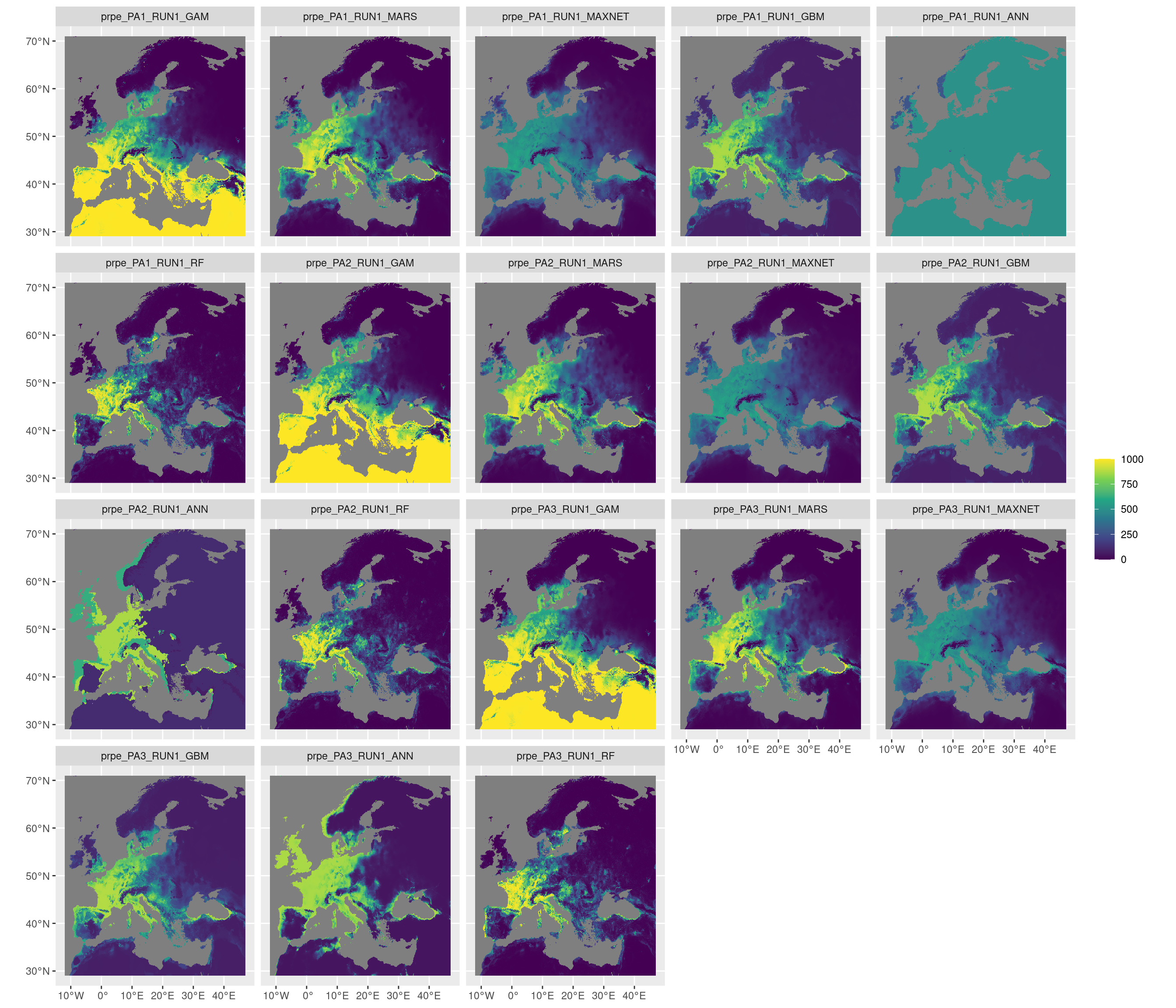 Projection de la distribution potentielle contemporaine sur l'Europe, selon les 6 algorithmes et les 3 runs.