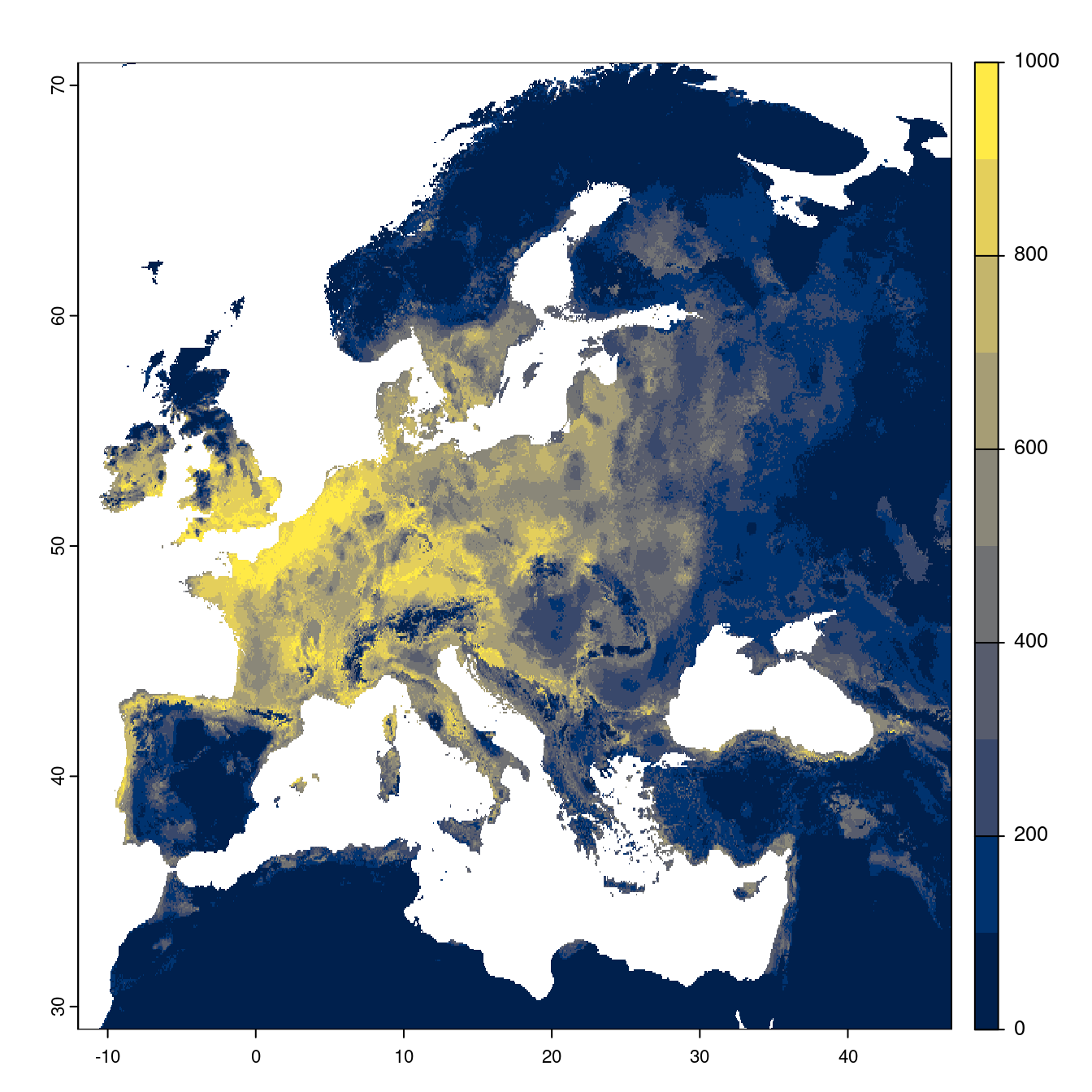 Projection des distributions potentielles futures jusqu'à l'horizon 2100 sous le scénario SSP1-2.6 (modèle d'ensemble).