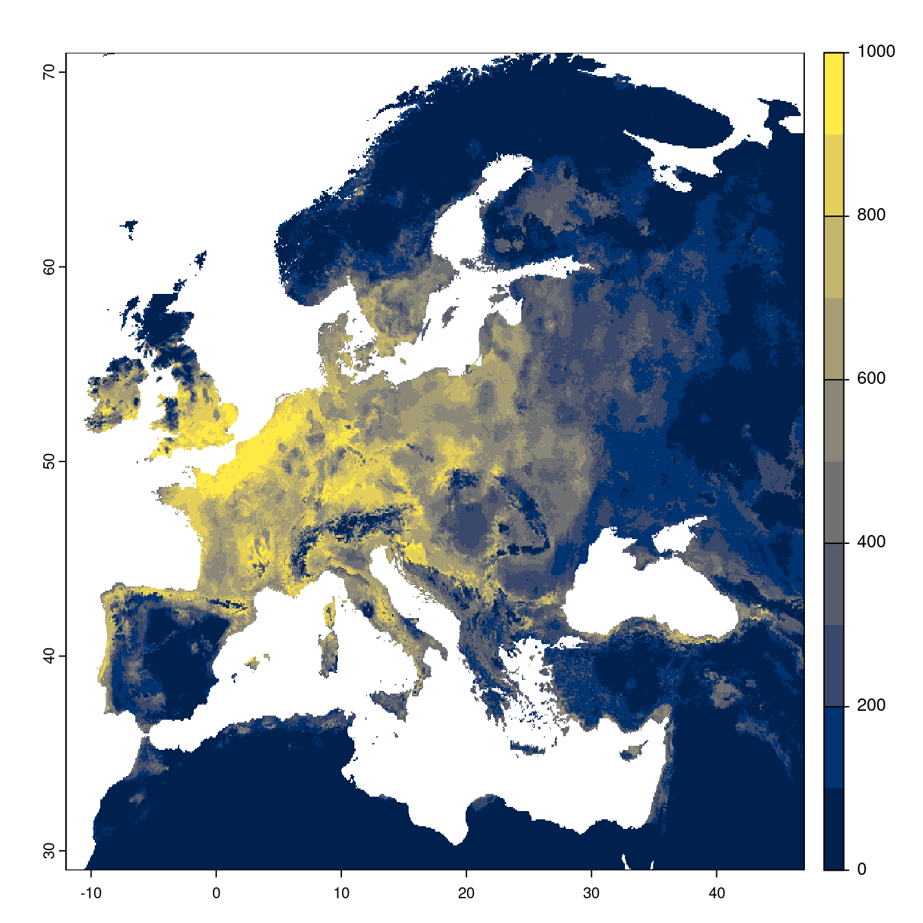 Projection des distributions potentielles futures jusqu'à l'horizon 2100 sous le scénario SSP1-2.6 (modèle d'ensemble).