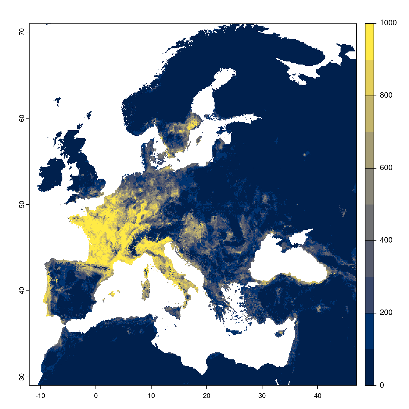 Projection des distributions potentielles futures jusqu'à l'horizon 2100 sous le scénario SSP2-4.5 (modèle d'ensemble).