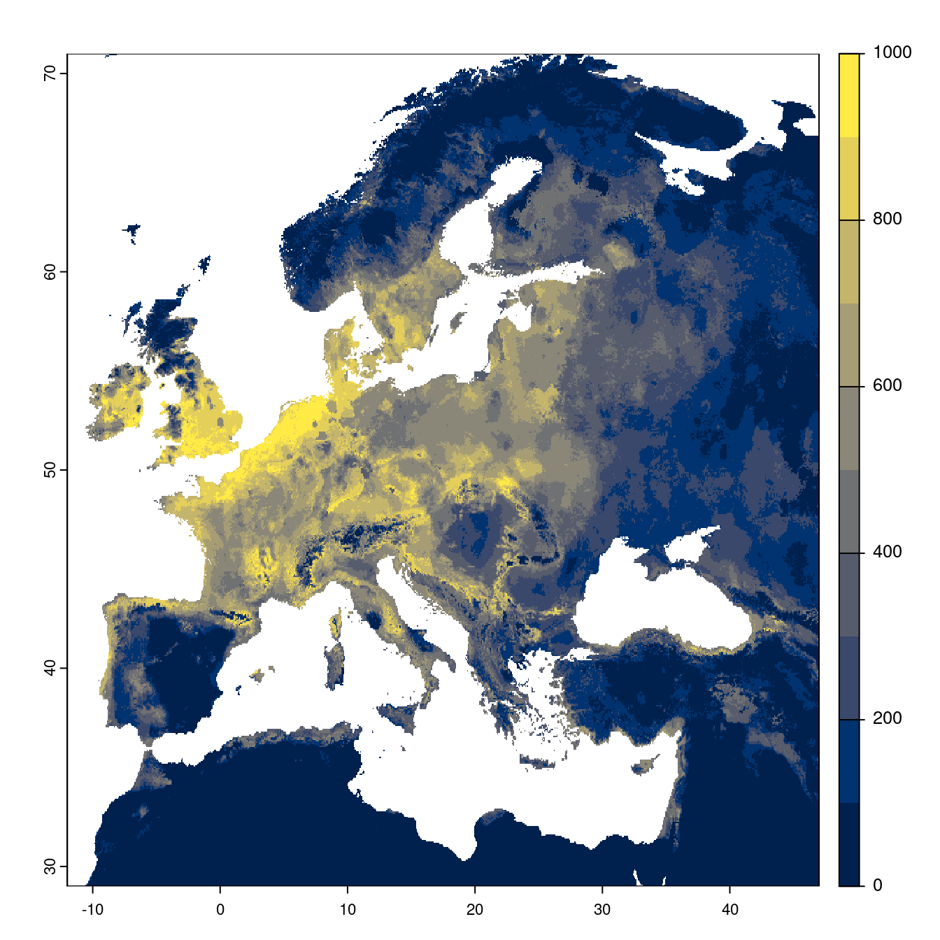 Projection des distributions potentielles futures jusqu'à l'horizon 2100 sous le scénario SSP2-4.5 (modèle d'ensemble).