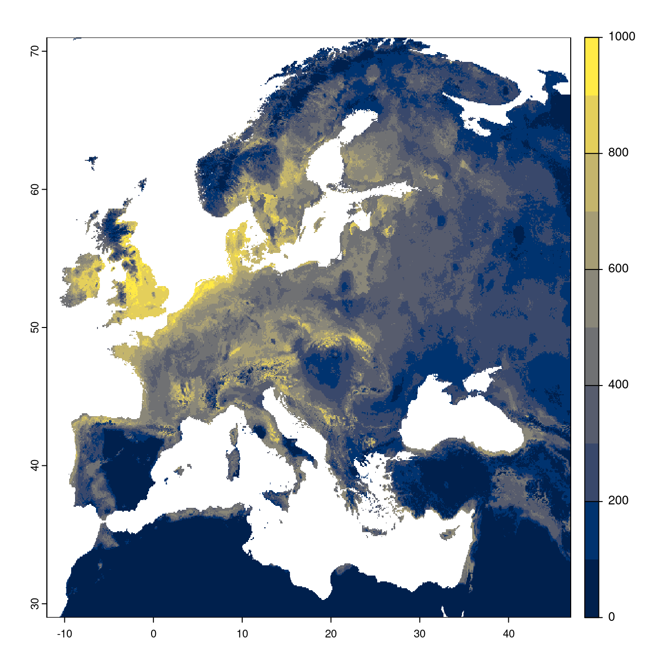 Projection des distributions potentielles futures jusqu'à l'horizon 2100 sous le scénario SSP5-8.5 (modèle d'ensemble).