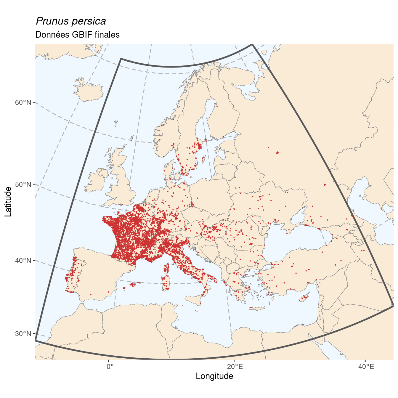 Occurrence de Prunus persica dans la région d'endémisme après sous-échantillonnage éventuel.