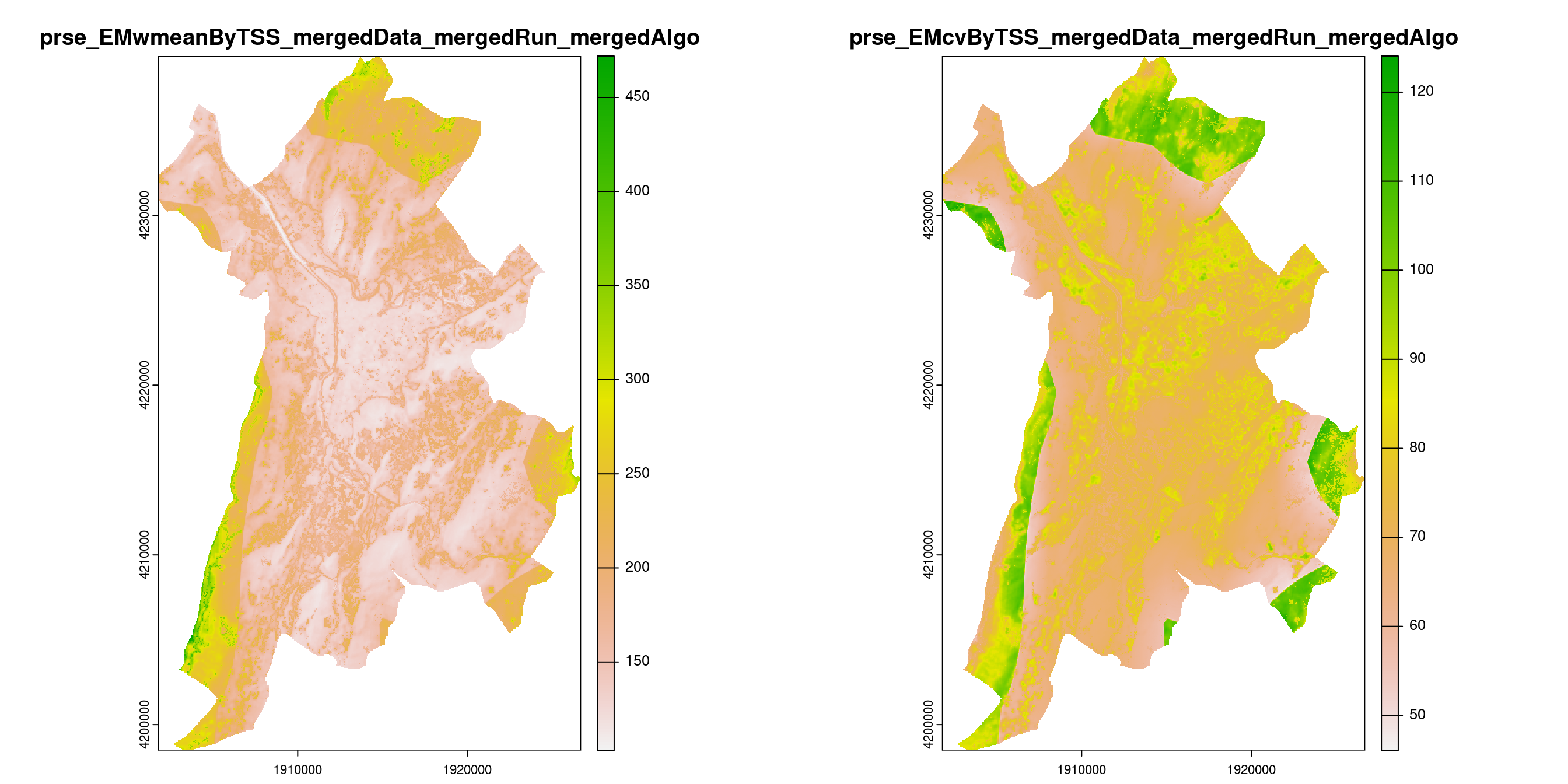 A) Projection de la distribution potentielle contemporaine (modèle d'ensemble) sur la métropole de Grenoble ; B) Incertitude associée à la projection.
