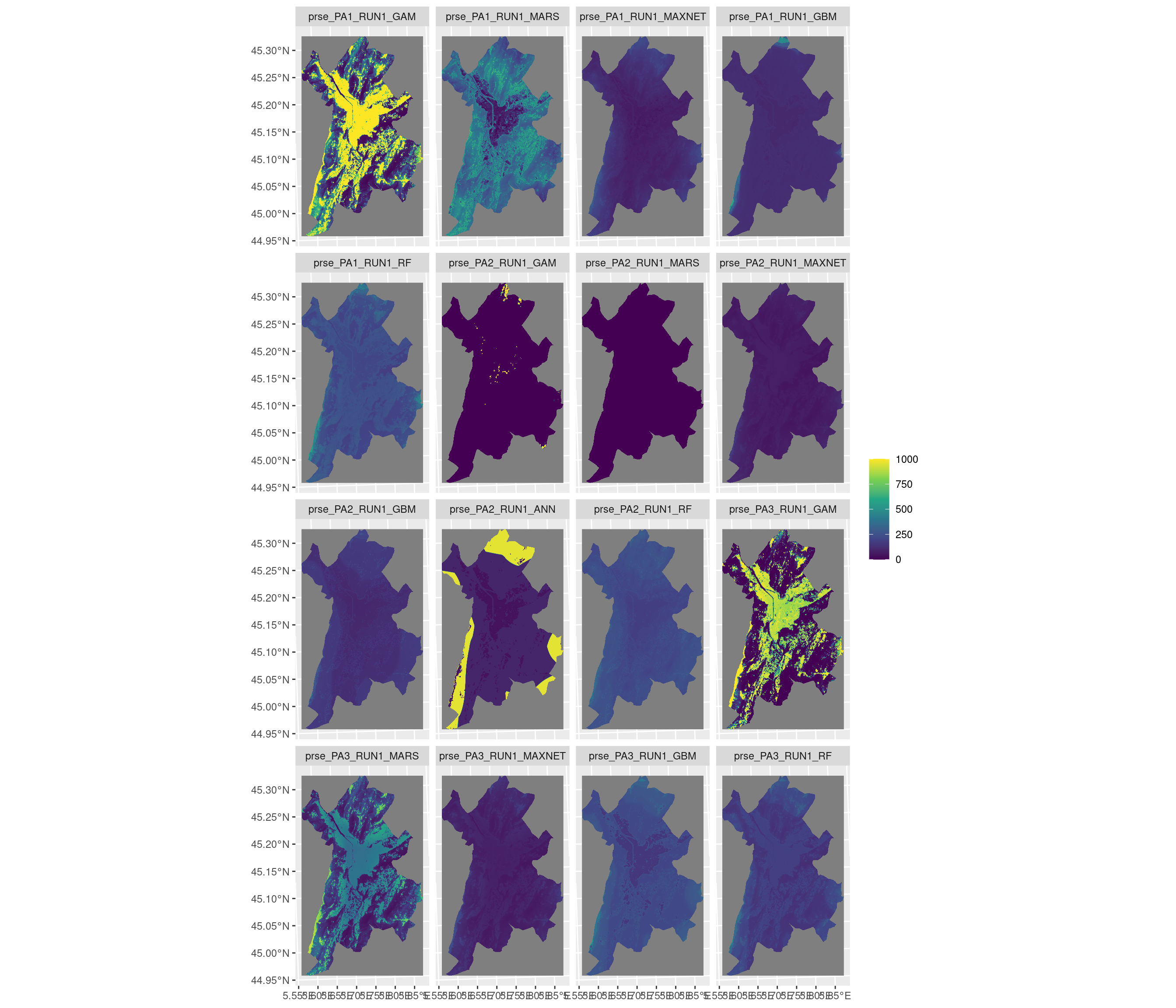 Projection de la distribution potentielle contemporaine sur la métropole de Grenoble, selon les 6 algorithmes et les 3 runs.
