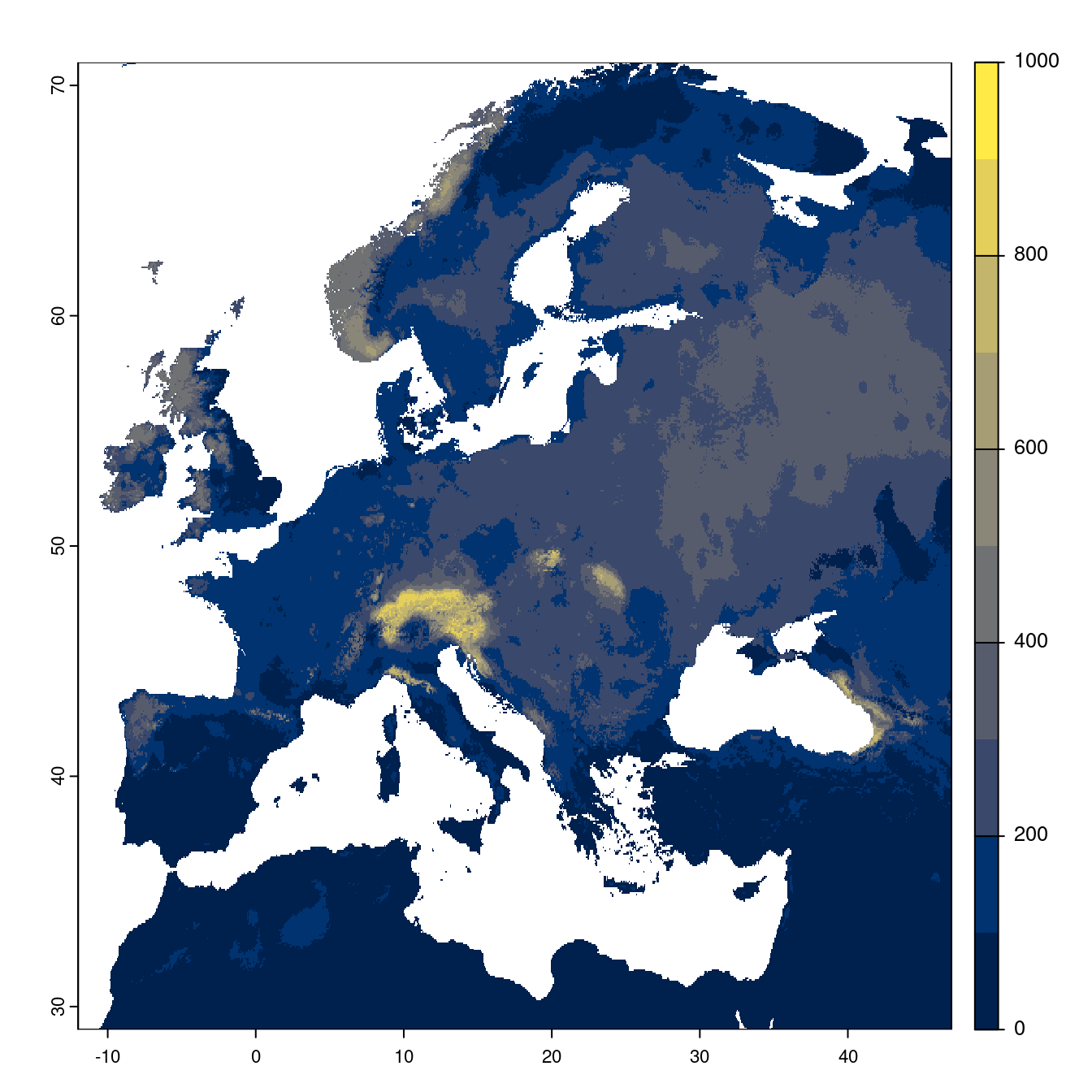 Projection des distributions potentielles futures jusqu'à l'horizon 2100 sous le scénario SSP2-4.5 (modèle d'ensemble).