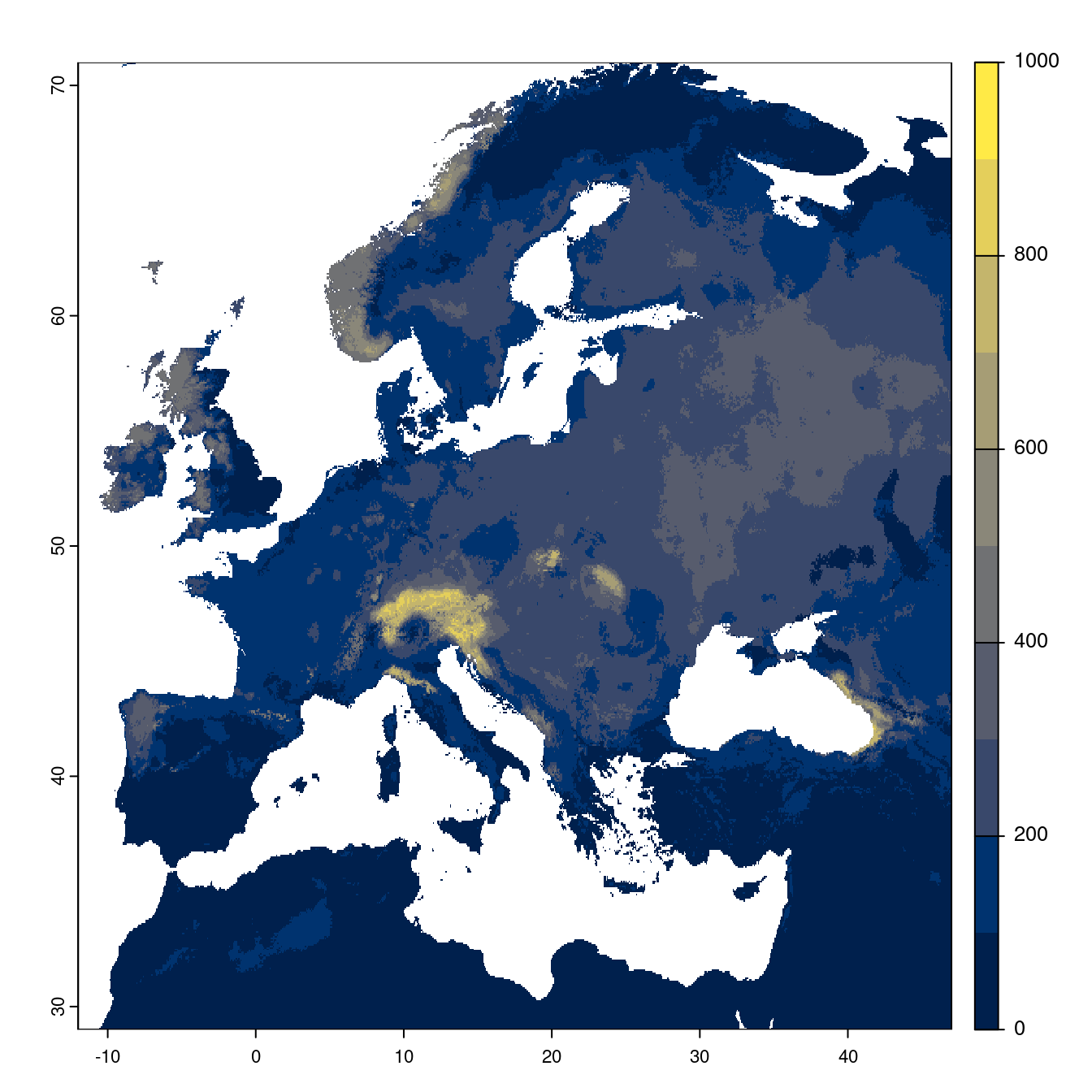 Projection des distributions potentielles futures jusqu'à l'horizon 2100 sous le scénario SSP3-7.0 (modèle d'ensemble).