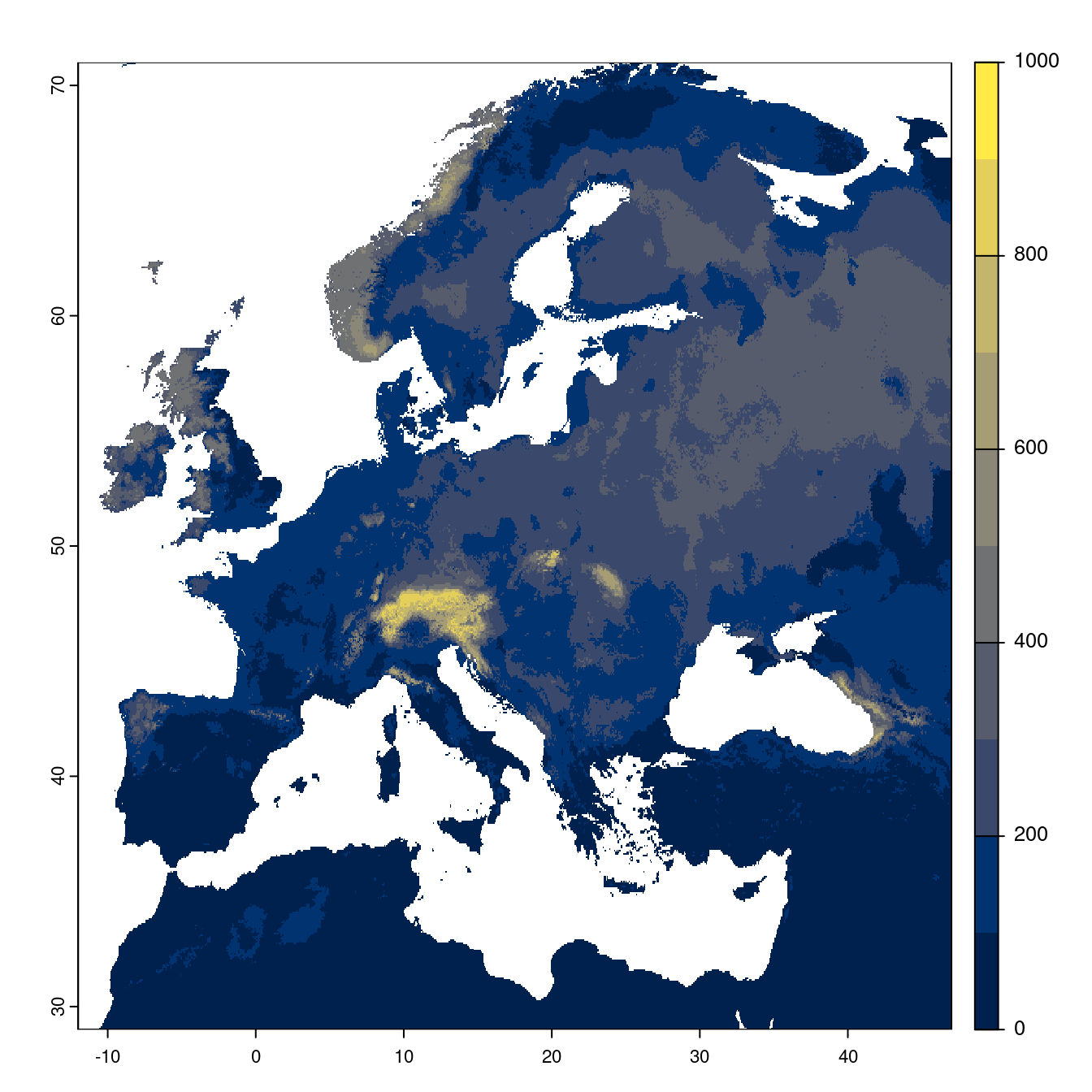 Projection des distributions potentielles futures jusqu'à l'horizon 2100 sous le scénario SSP3-7.0 (modèle d'ensemble).