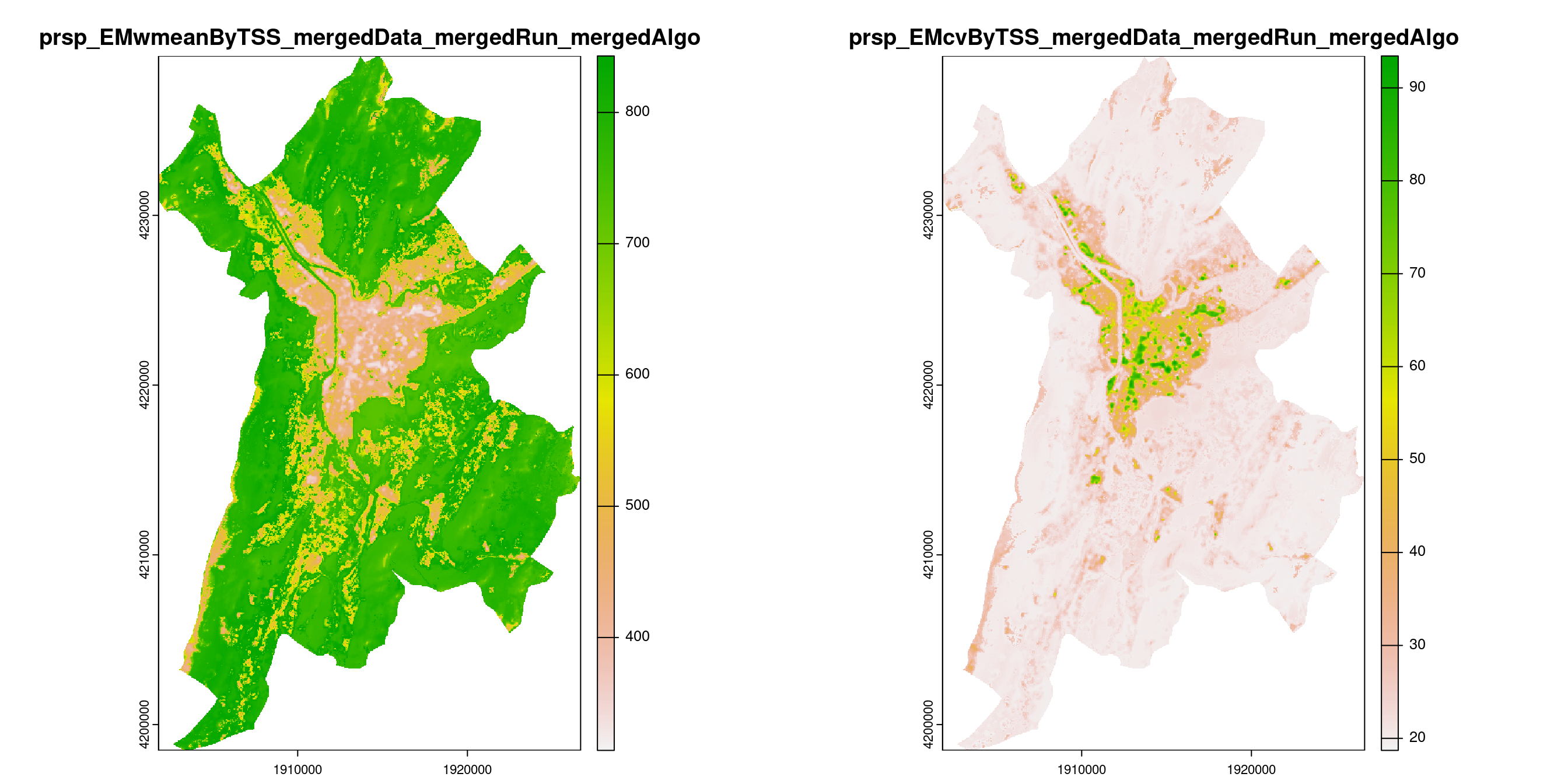 A) Projection de la distribution potentielle contemporaine (modèle d'ensemble) sur la métropole de Grenoble ; B) Incertitude associée à la projection.
