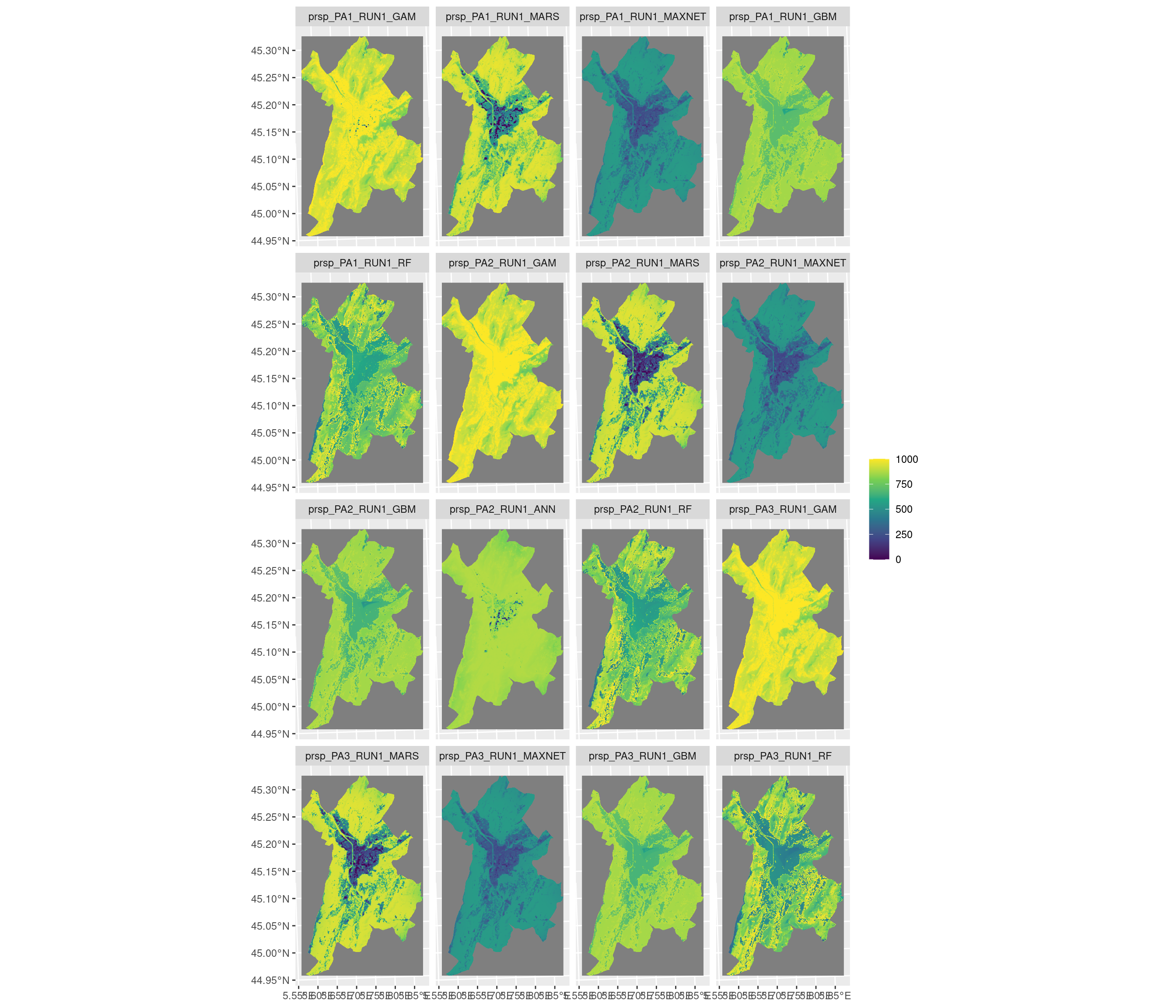 Projection de la distribution potentielle contemporaine sur la métropole de Grenoble, selon les 6 algorithmes et les 3 runs.
