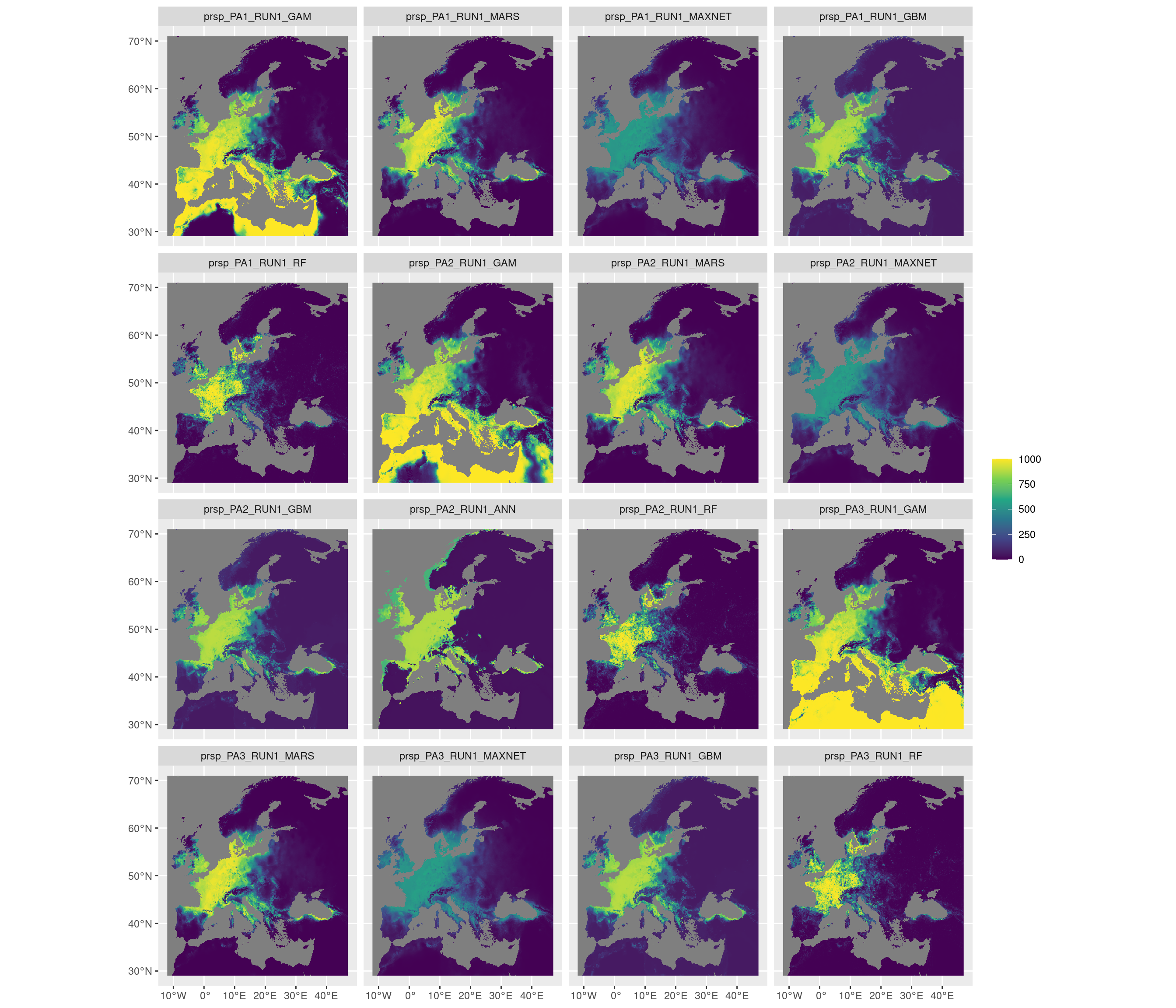 Projection de la distribution potentielle contemporaine sur l'Europe, selon les 6 algorithmes et les 3 runs.