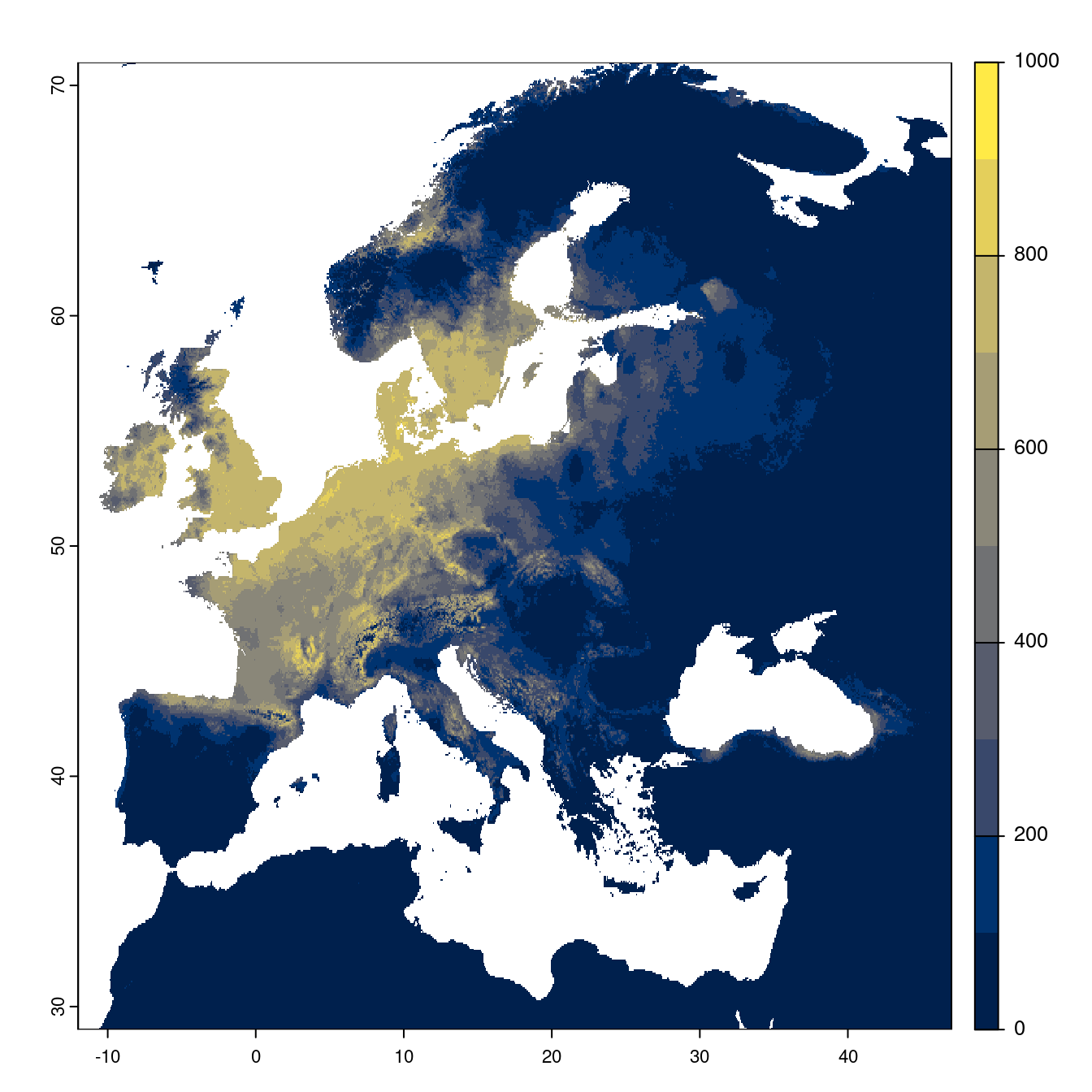 Projection des distributions potentielles futures jusqu'à l'horizon 2100 sous le scénario SSP2-4.5 (modèle d'ensemble).