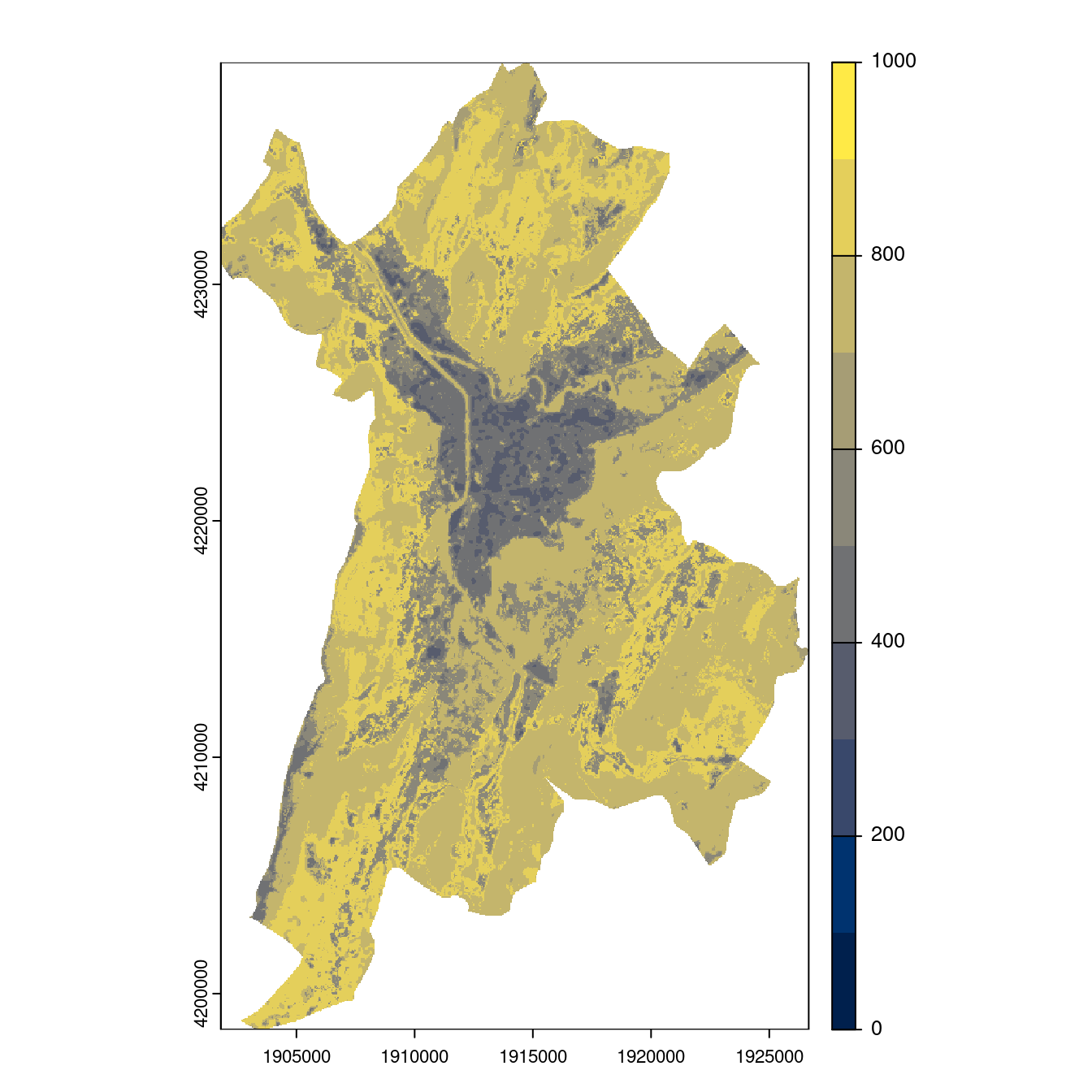 Projection des distributions potentielles contemporaine et futures jusqu'à l'horizon 2100 sous le scénario SSP5-8.5 (modèle d'ensemble, GCM IPSL).