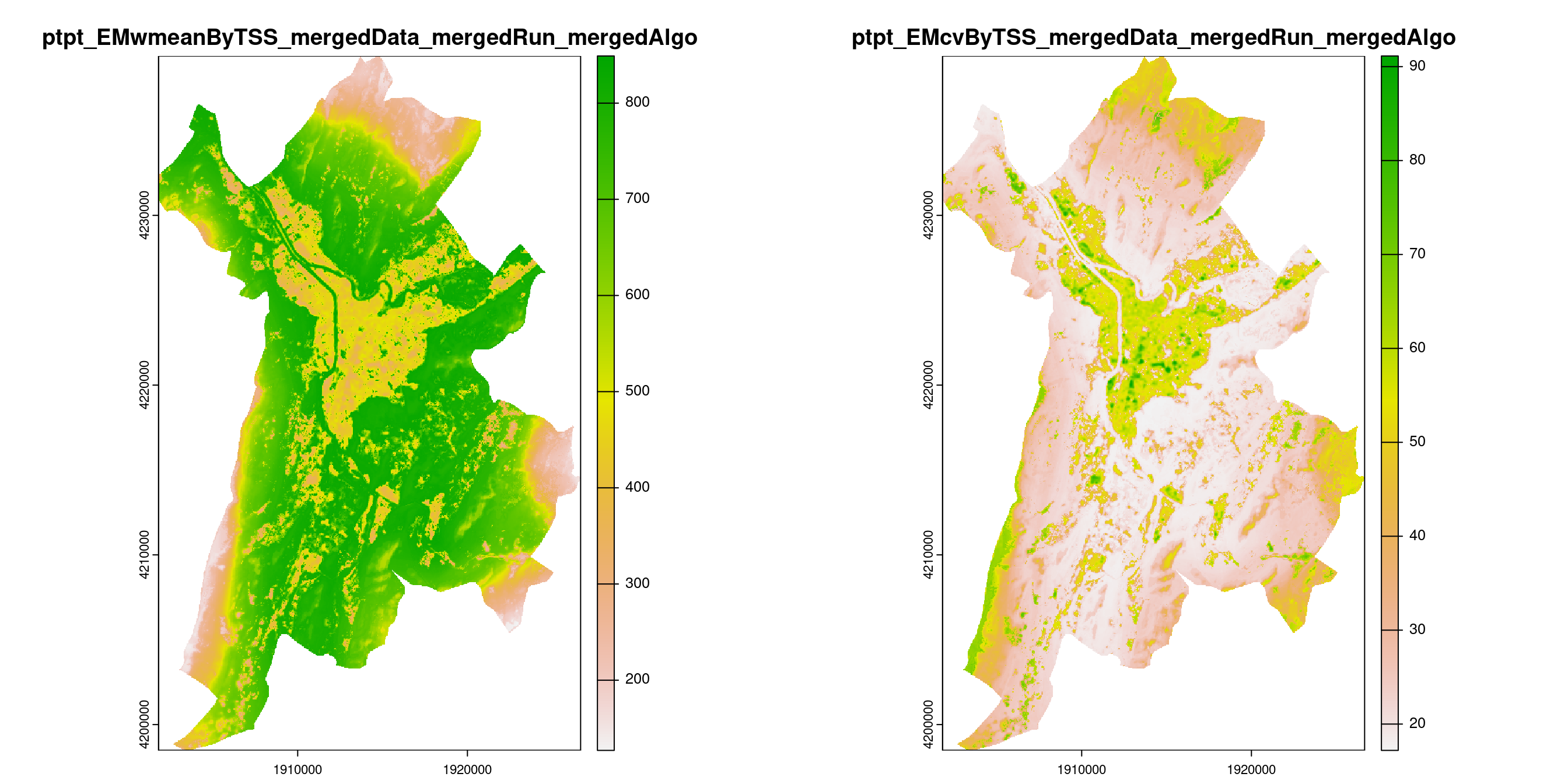 A) Projection de la distribution potentielle contemporaine (modèle d'ensemble) sur la métropole de Grenoble ; B) Incertitude associée à la projection.