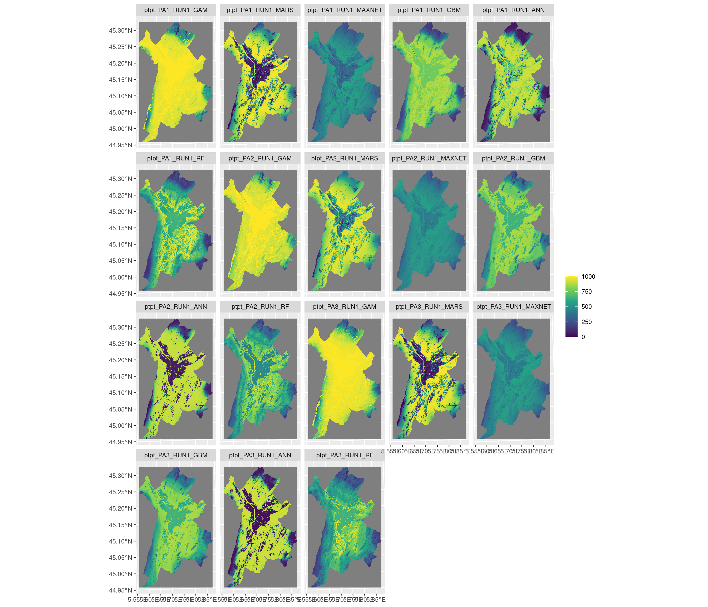 Projection de la distribution potentielle contemporaine sur la métropole de Grenoble, selon les 6 algorithmes et les 3 runs.