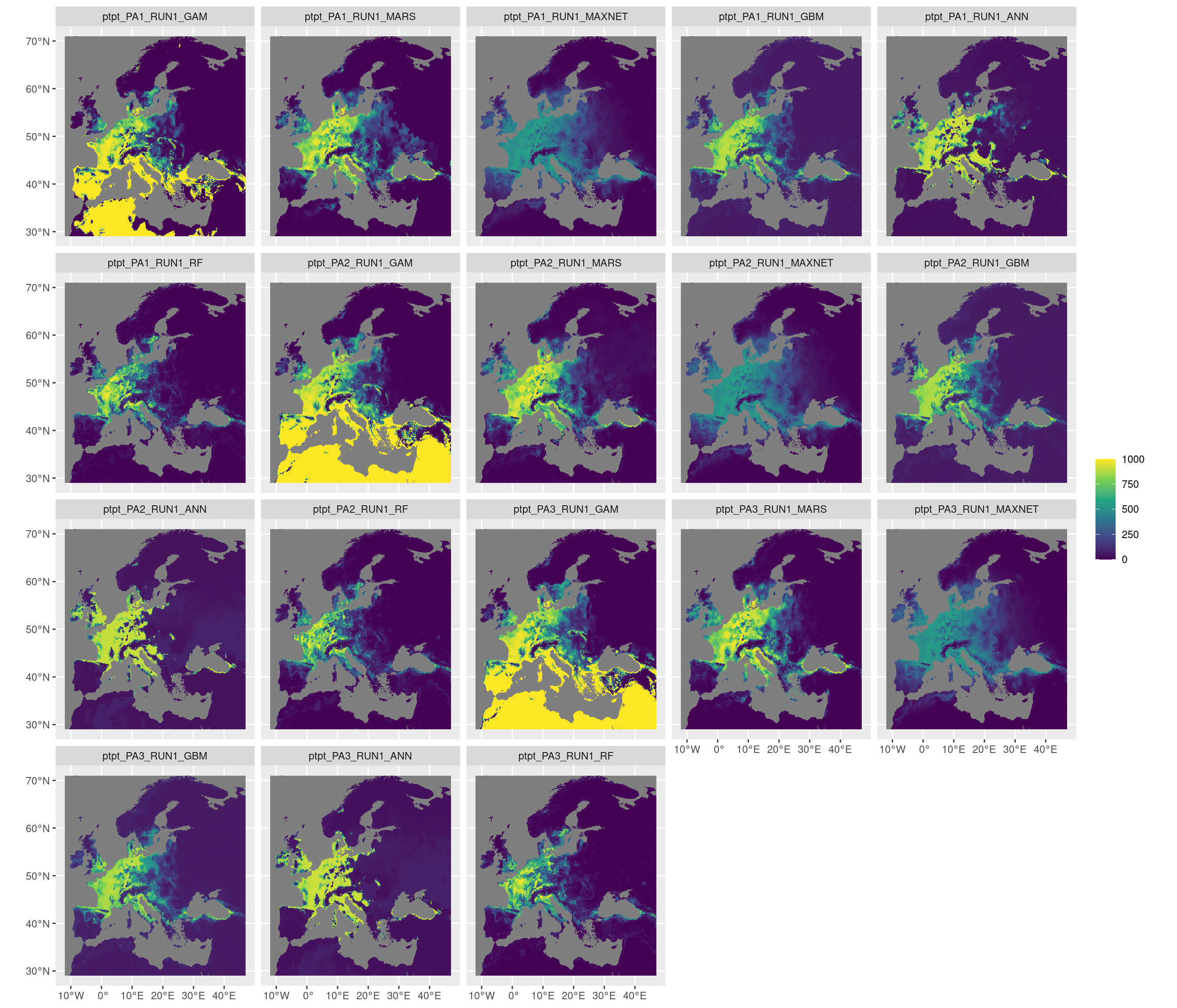 Projection de la distribution potentielle contemporaine sur l'Europe, selon les 6 algorithmes et les 3 runs.