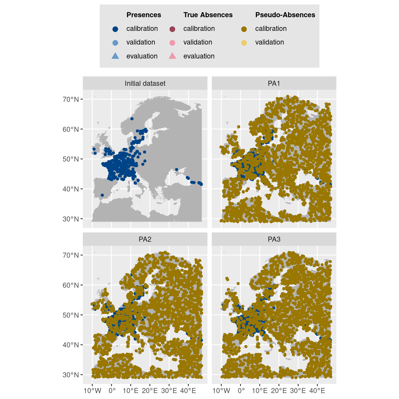 Les données d'occurrences (en haut à gauche) et les trois jeux de données aléatoires de pseudo-absences.