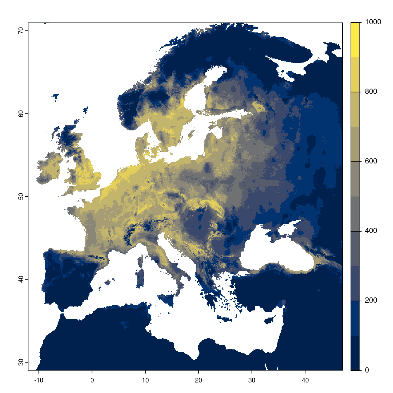 Projection des distributions potentielles futures jusqu'à l'horizon 2100 sous le scénario SSP3-7.0 (modèle d'ensemble).
