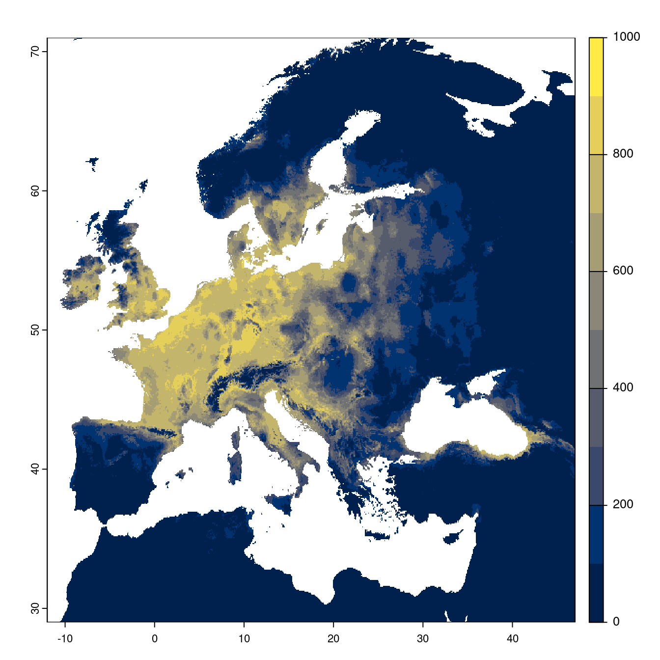 Projection des distributions potentielles futures jusqu'à l'horizon 2100 sous le scénario SSP5-8.5 (modèle d'ensemble).
