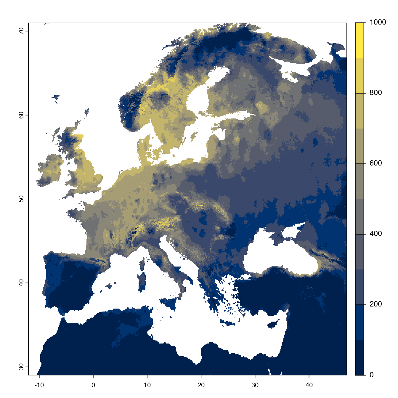 Projection des distributions potentielles futures jusqu'à l'horizon 2100 sous le scénario SSP5-8.5 (modèle d'ensemble).