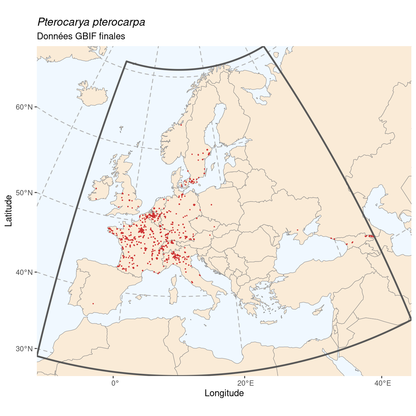 Occurrence de Pterocarya pterocarpa dans la région d'endémisme après sous-échantillonnage éventuel.