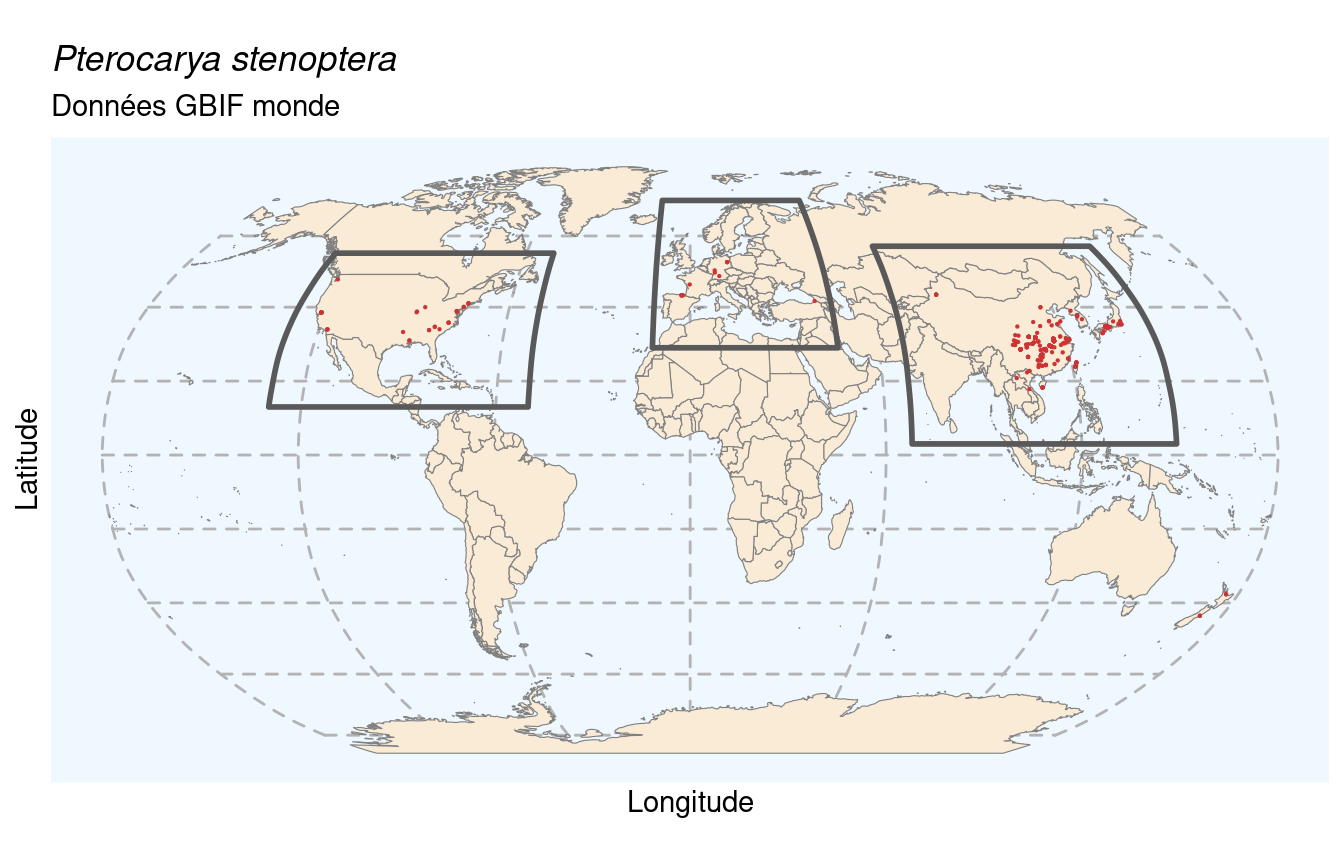 Occurrences de Pterocarya stenoptera dans le monde.