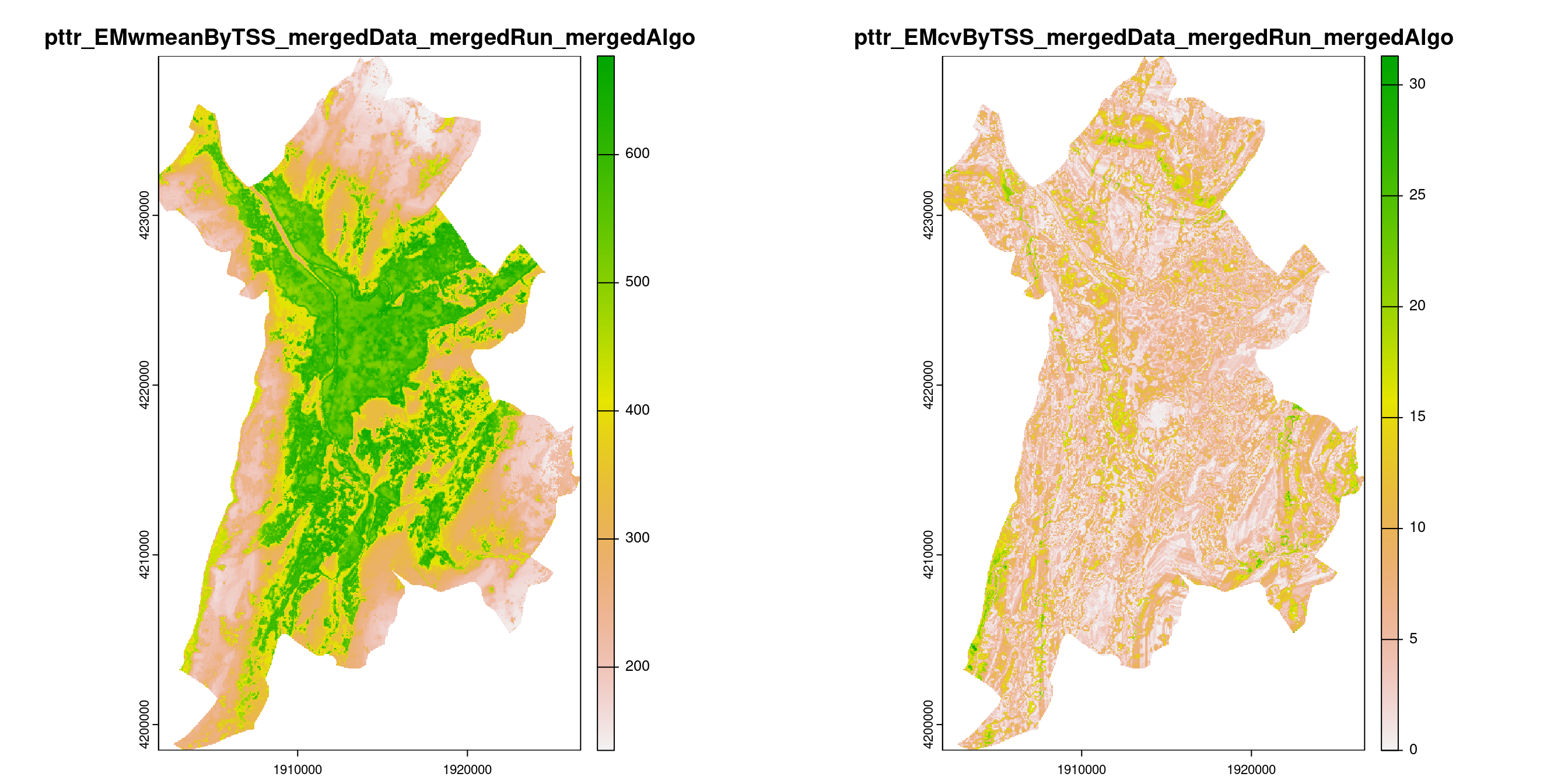 A) Projection de la distribution potentielle contemporaine (modèle d'ensemble) sur la métropole de Grenoble ; B) Incertitude associée à la projection.
