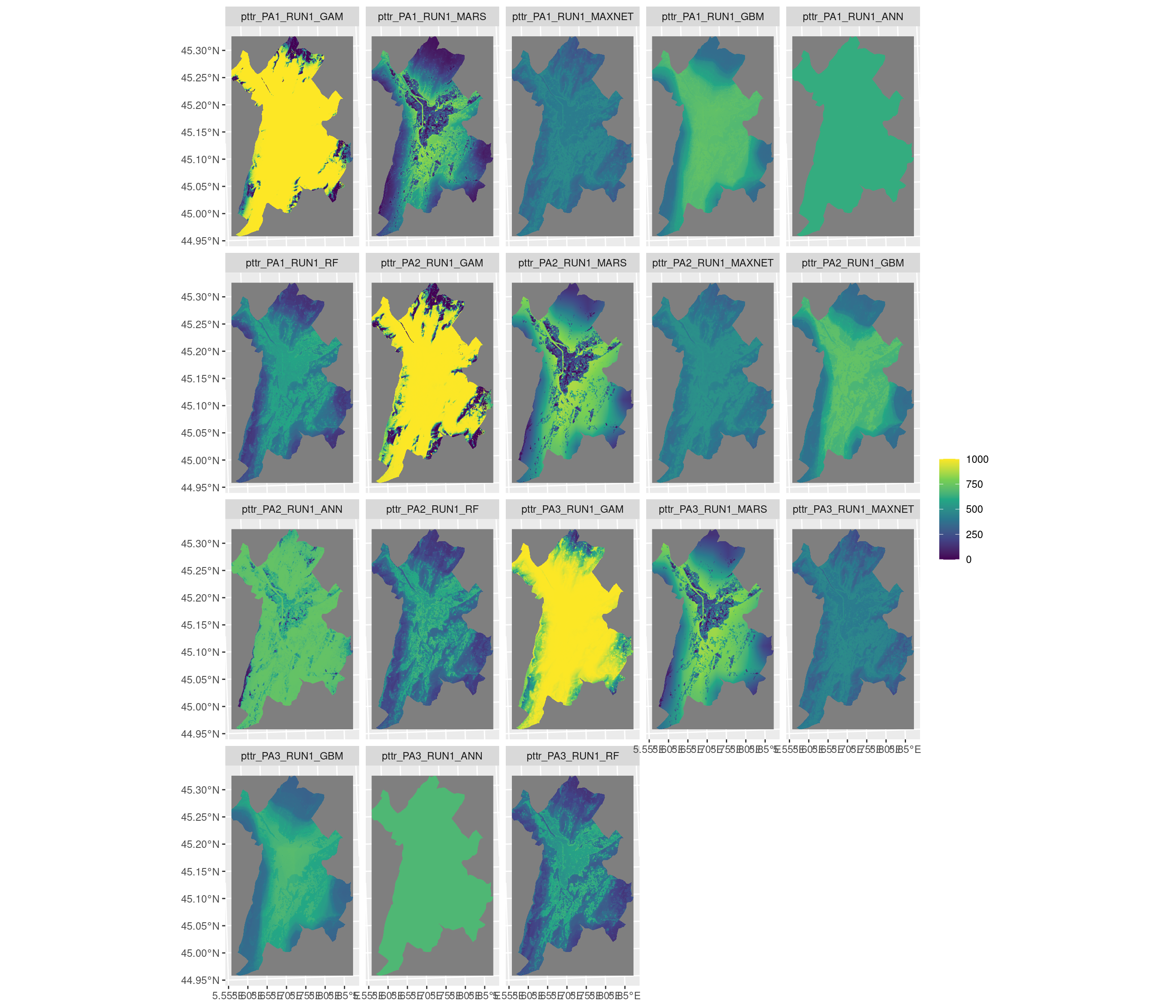 Projection de la distribution potentielle contemporaine sur la métropole de Grenoble, selon les 6 algorithmes et les 3 runs.