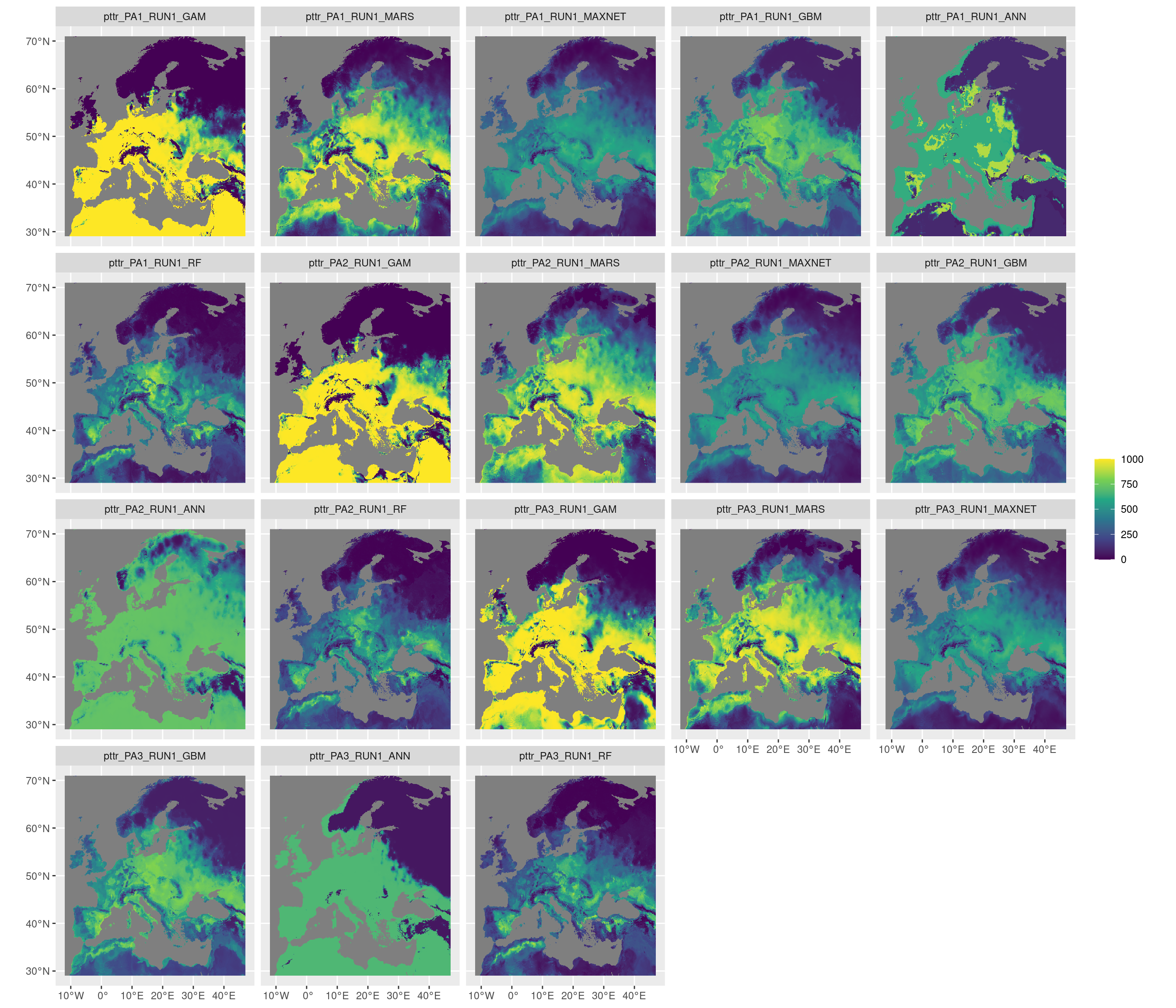 Projection de la distribution potentielle contemporaine sur l'Europe, selon les 6 algorithmes et les 3 runs.