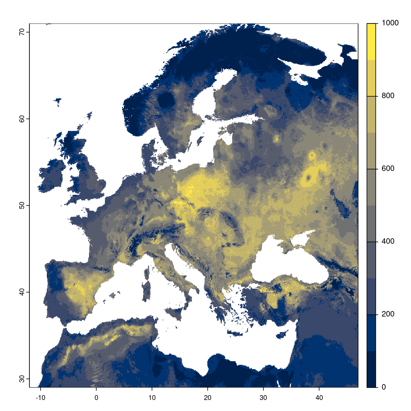 Projection des distributions potentielles futures jusqu'à l'horizon 2100 sous le scénario SSP1-2.6 (modèle d'ensemble).