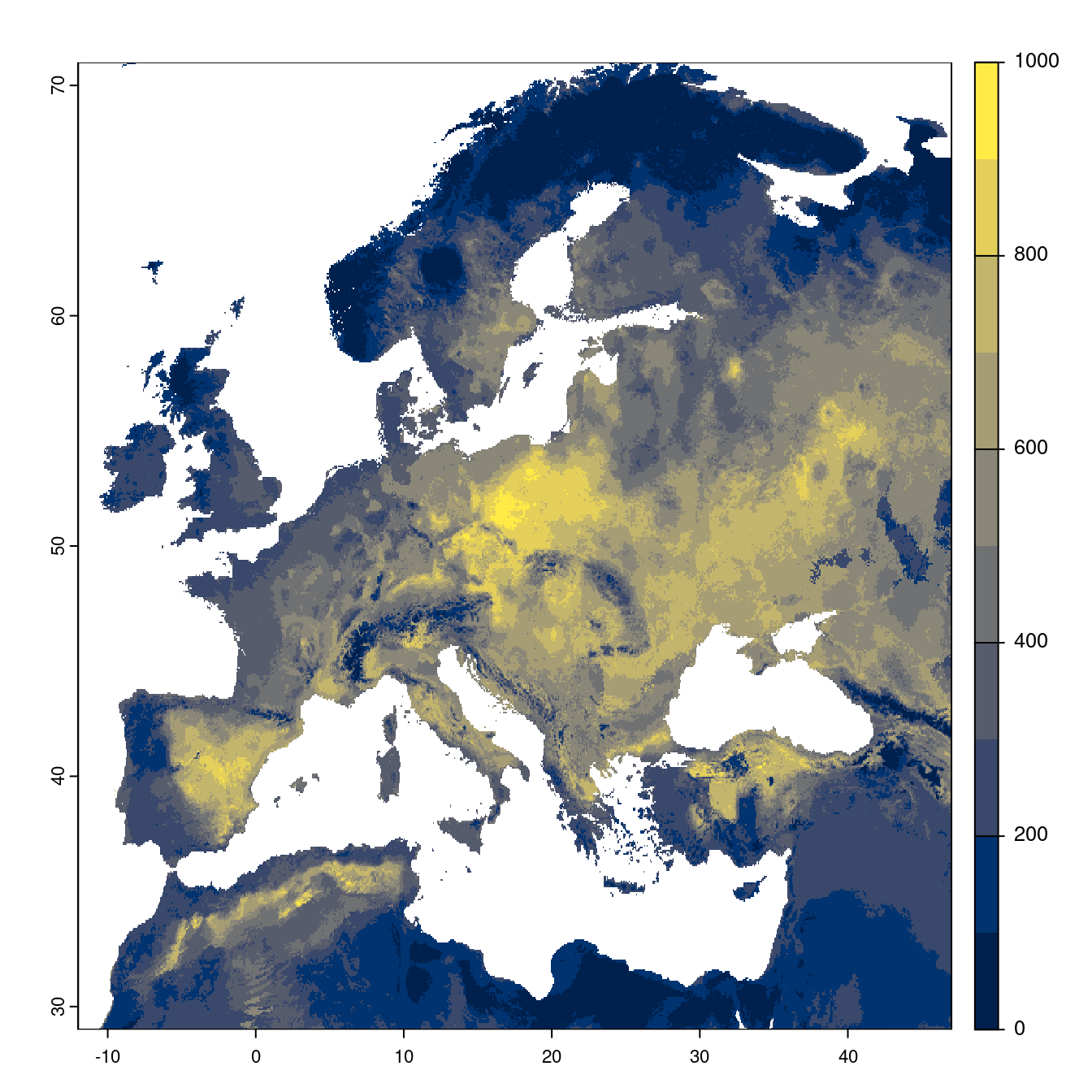 Projection des distributions potentielles futures jusqu'à l'horizon 2100 sous le scénario SSP1-2.6 (modèle d'ensemble).
