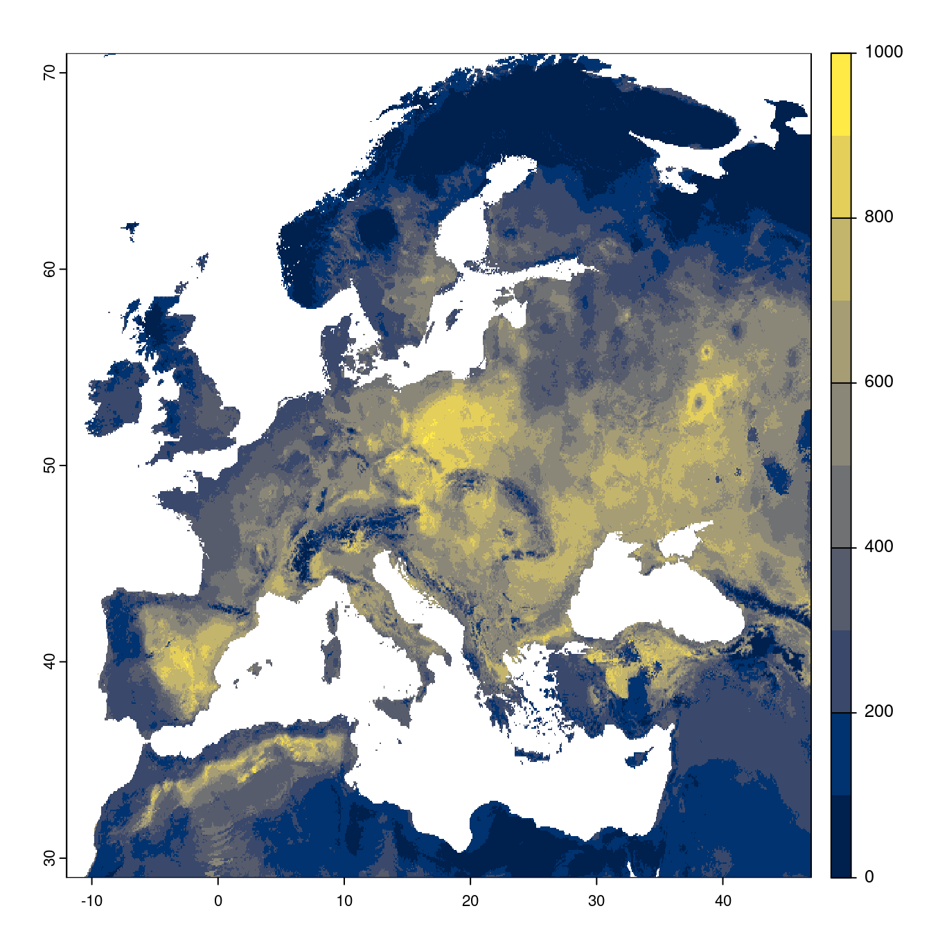 Projection des distributions potentielles futures jusqu'à l'horizon 2100 sous le scénario SSP2-4.5 (modèle d'ensemble).