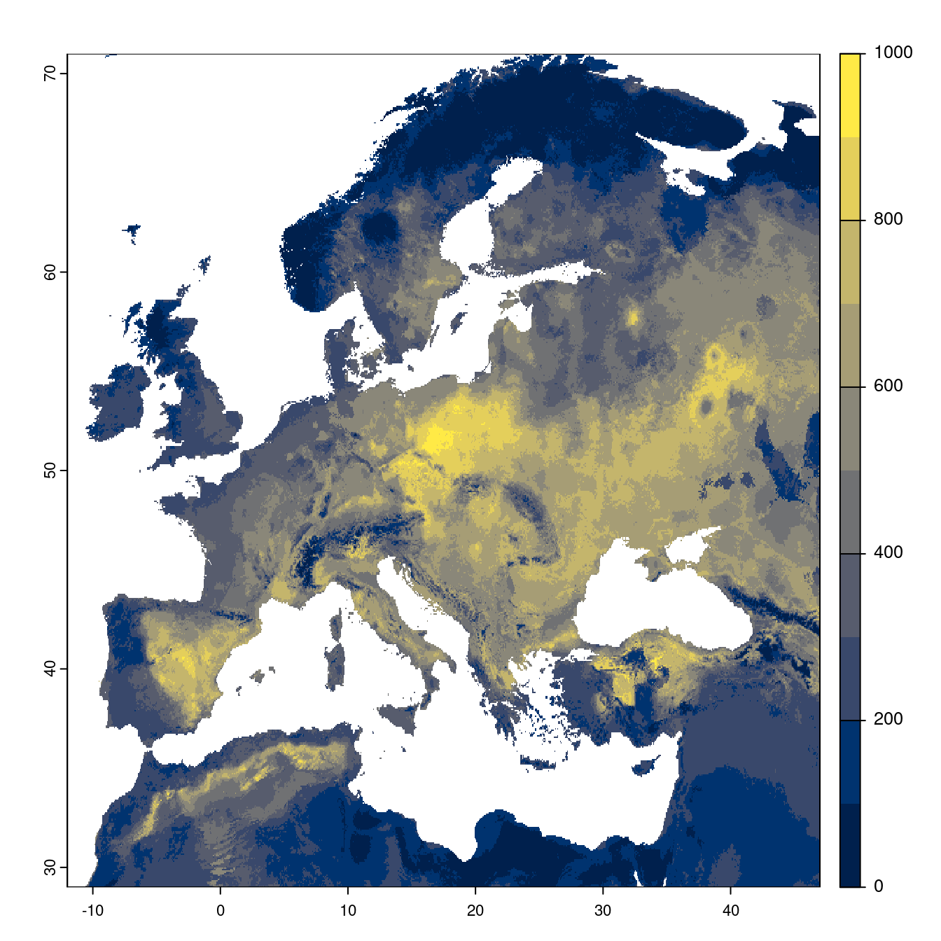 Projection des distributions potentielles futures jusqu'à l'horizon 2100 sous le scénario SSP2-4.5 (modèle d'ensemble).