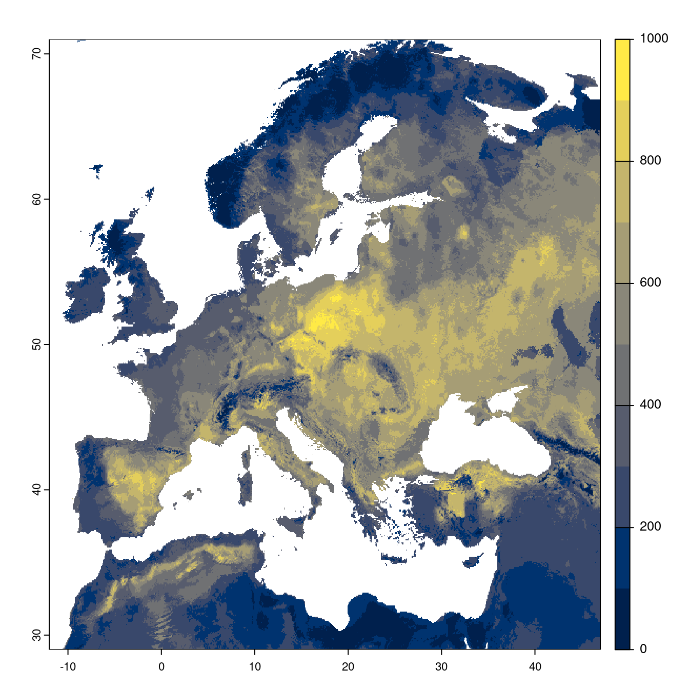 Projection des distributions potentielles futures jusqu'à l'horizon 2100 sous le scénario SSP2-4.5 (modèle d'ensemble).