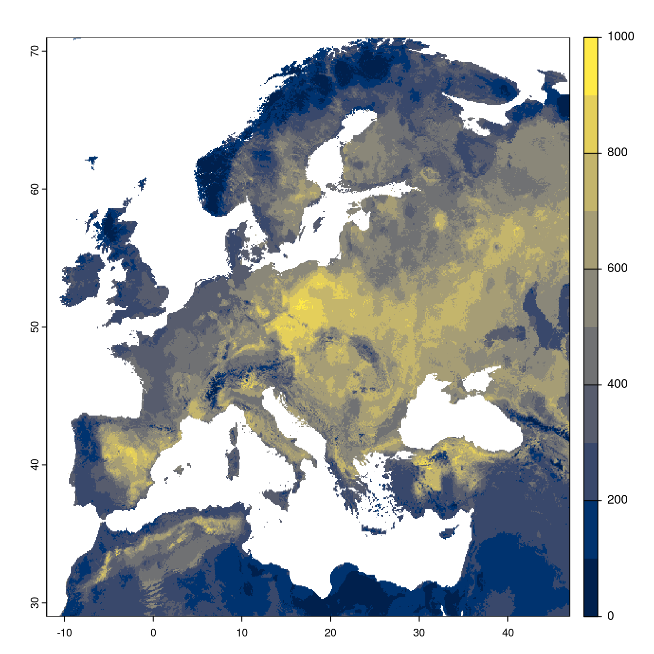 Projection des distributions potentielles futures jusqu'à l'horizon 2100 sous le scénario SSP2-4.5 (modèle d'ensemble).