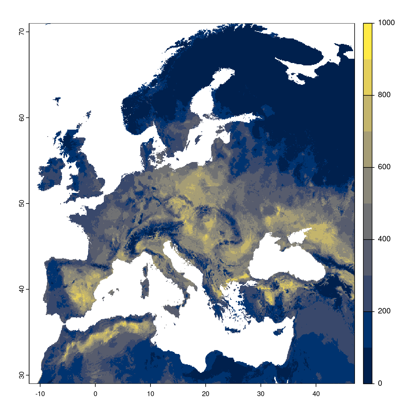 Projection des distributions potentielles futures jusqu'à l'horizon 2100 sous le scénario SSP5-8.5 (modèle d'ensemble).