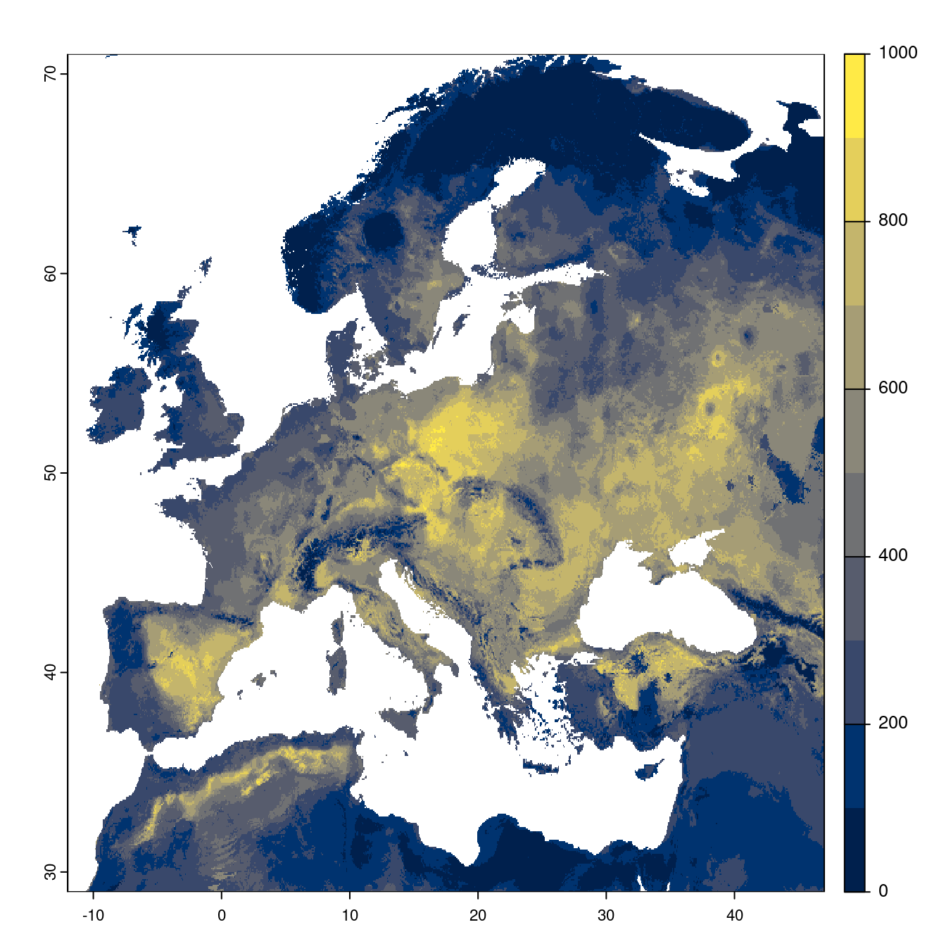 Projection des distributions potentielles futures jusqu'à l'horizon 2100 sous le scénario SSP5-8.5 (modèle d'ensemble).