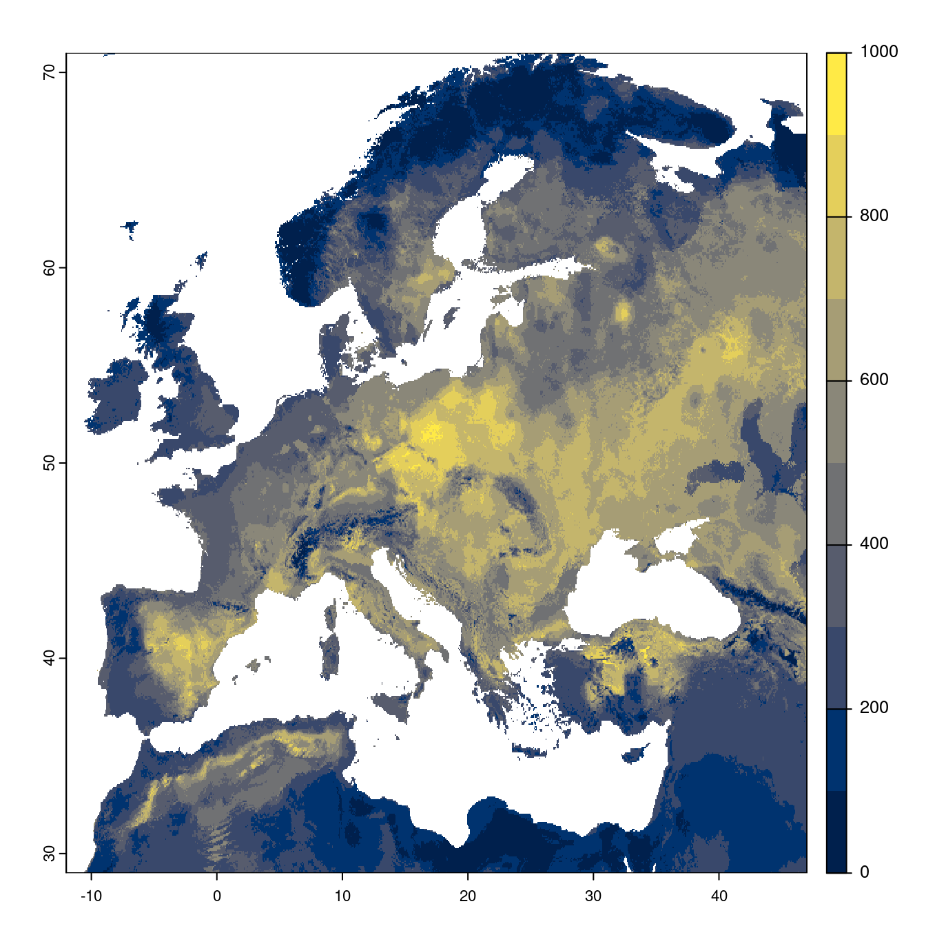 Projection des distributions potentielles futures jusqu'à l'horizon 2100 sous le scénario SSP5-8.5 (modèle d'ensemble).