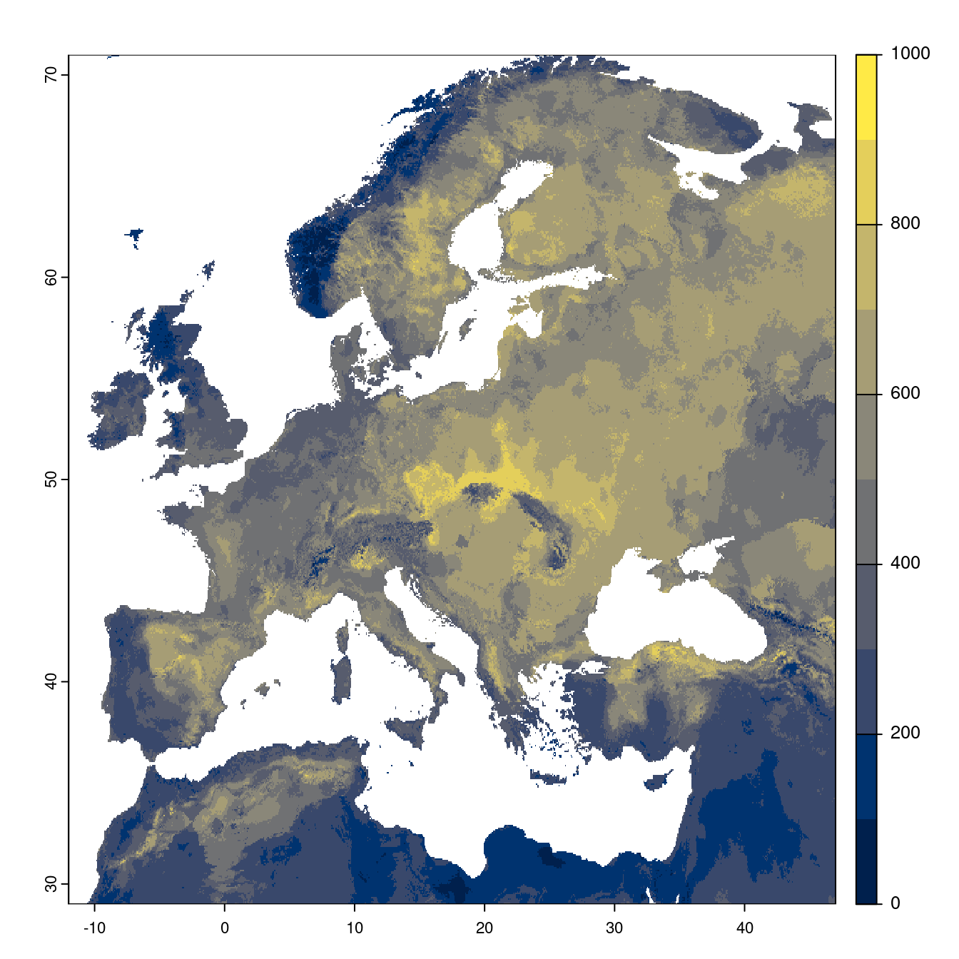 Projection des distributions potentielles futures jusqu'à l'horizon 2100 sous le scénario SSP5-8.5 (modèle d'ensemble).