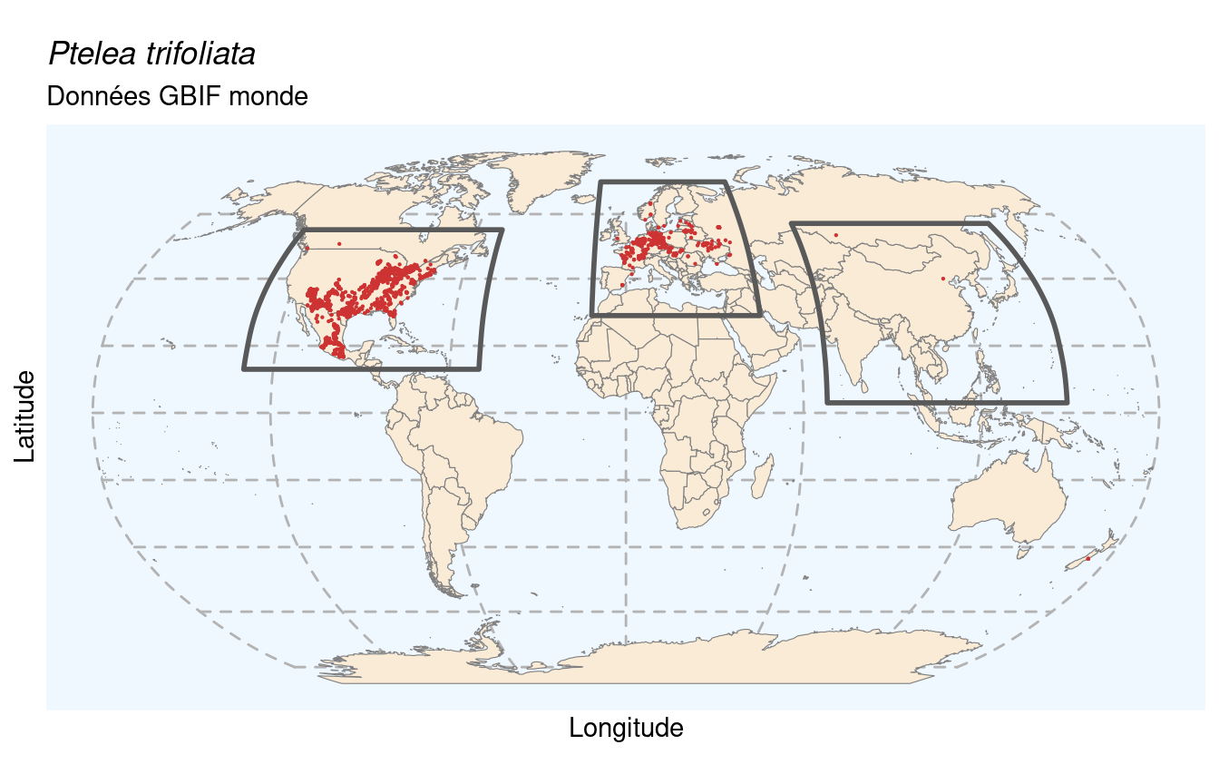 Occurrences de Ptelea trifoliata dans le monde.