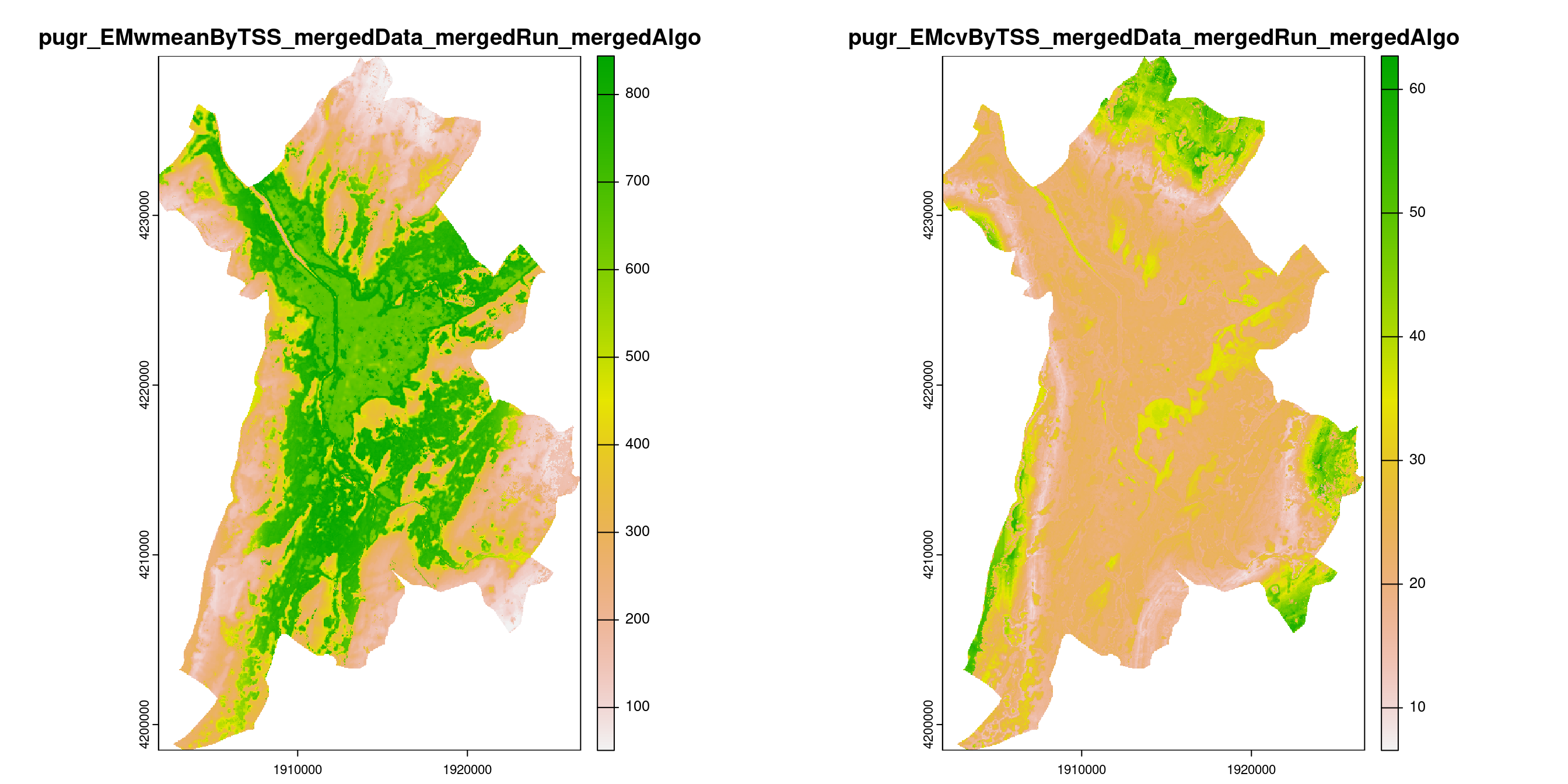 A) Projection de la distribution potentielle contemporaine (modèle d'ensemble) sur la métropole de Grenoble ; B) Incertitude associée à la projection.