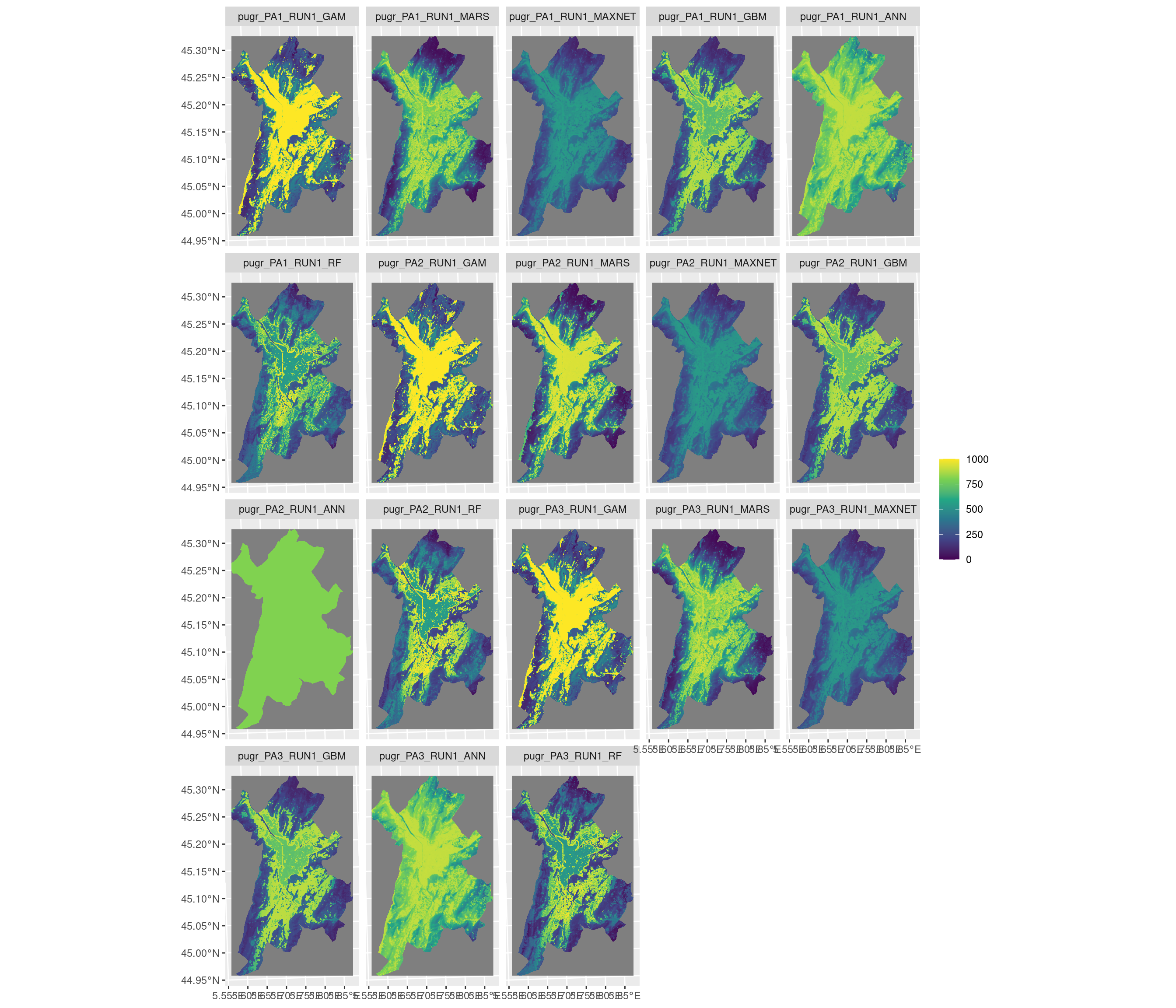 Projection de la distribution potentielle contemporaine sur la métropole de Grenoble, selon les 6 algorithmes et les 3 runs.