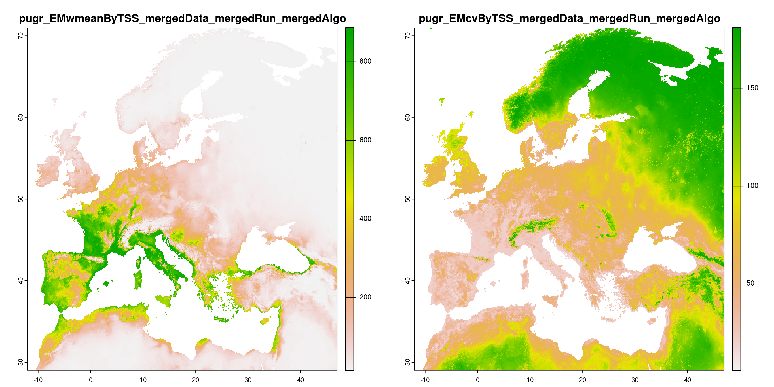 A) Projection de la distribution potentielle contemporaine (modèle d'ensemble) ; B) Incertitude associée à la projection.