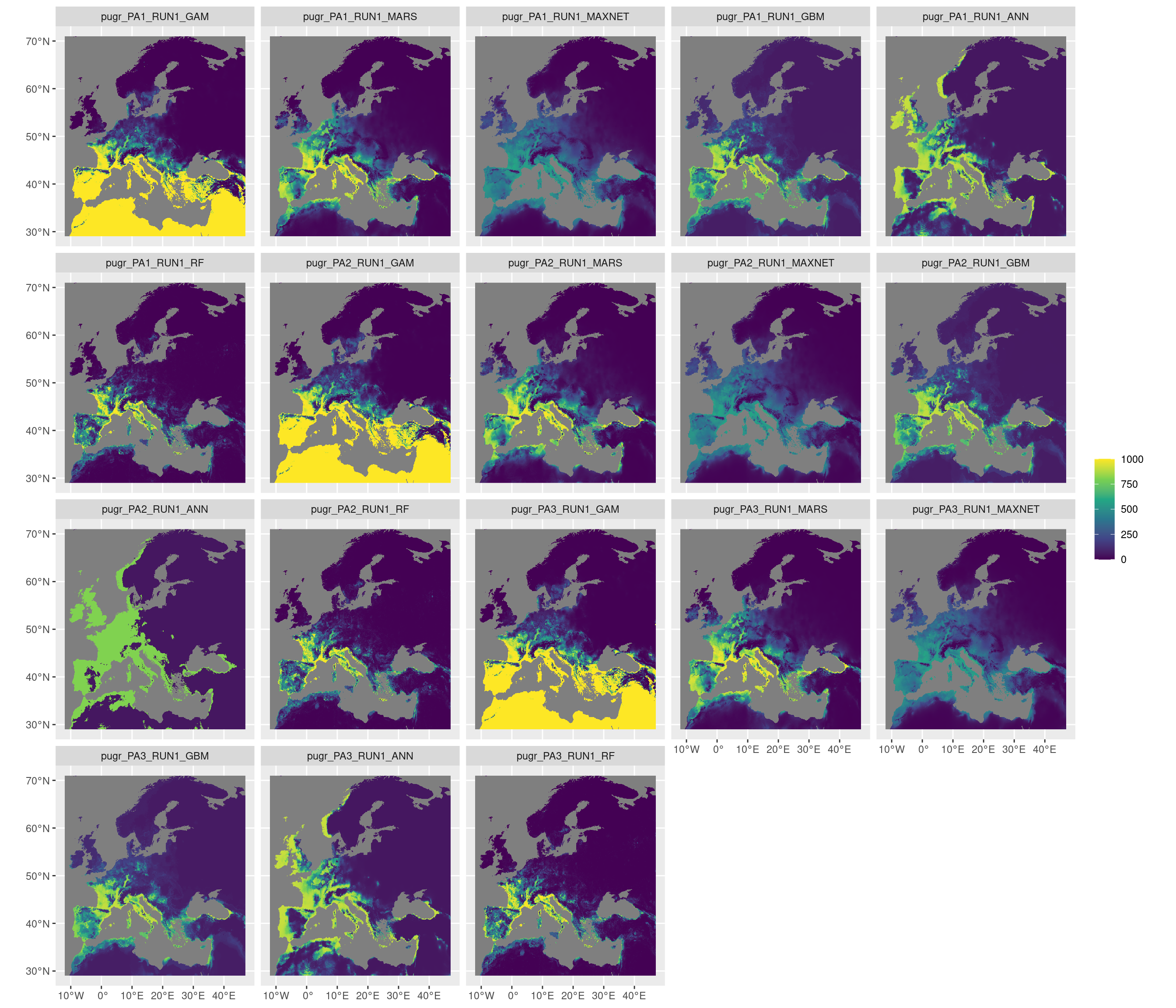 Projection de la distribution potentielle contemporaine sur l'Europe, selon les 6 algorithmes et les 3 runs.